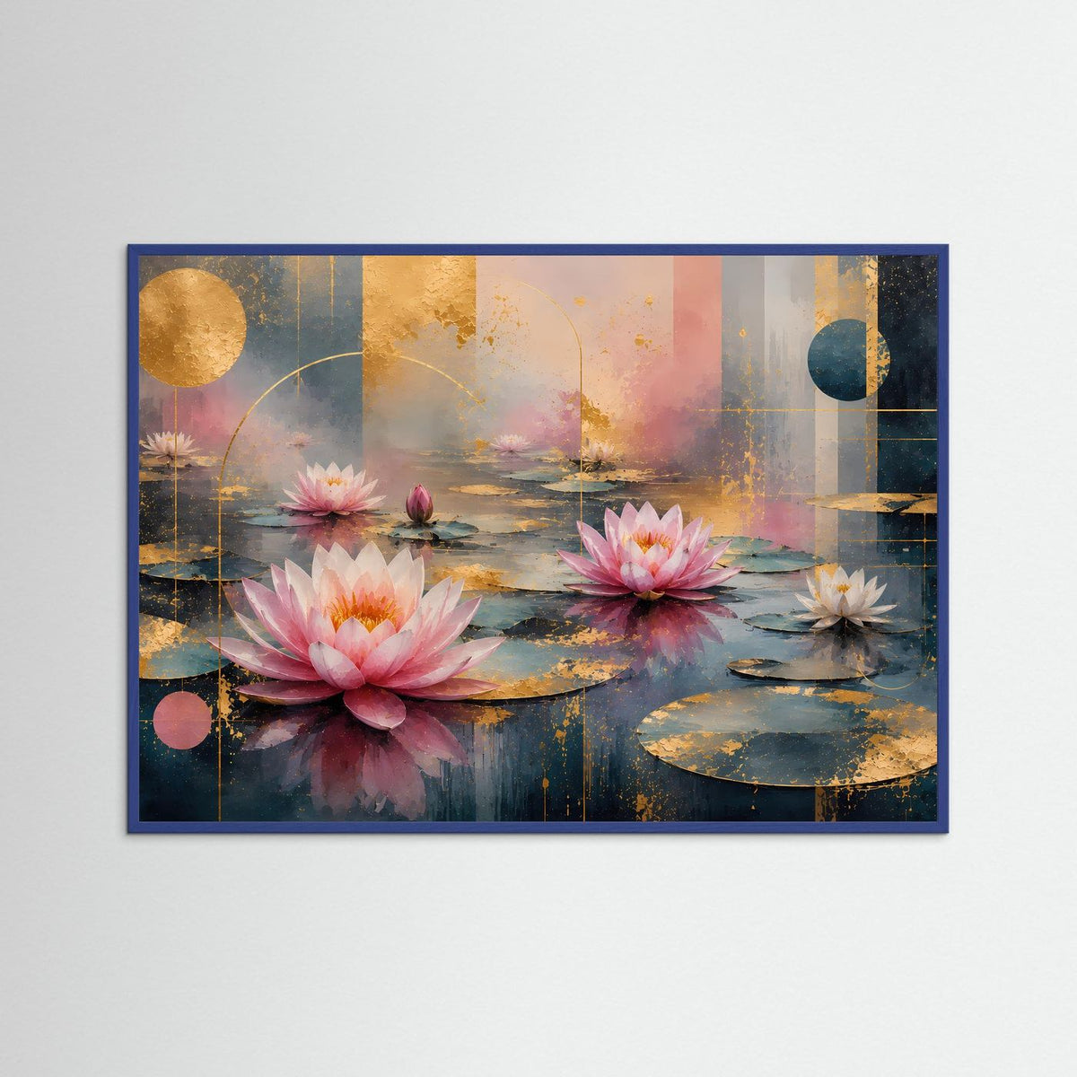 Abstraktes Lotusblüten-Poster in Rosa mit goldenen Akzenten, im blauen Rahmen