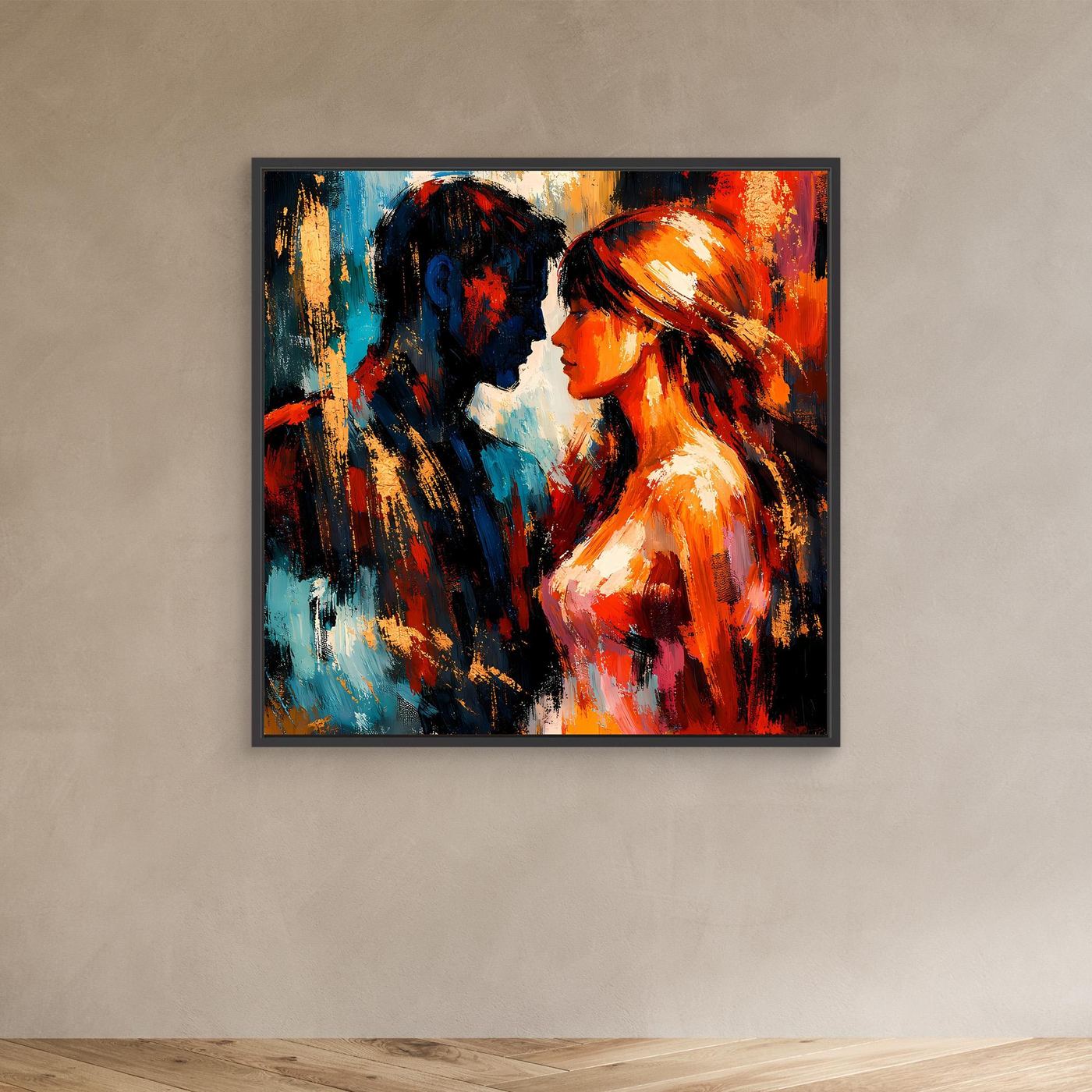 Abstraktes Leinwandbild: Liebespaar, bunte Pinselstriche, schwarzer Rahmen an der Wand