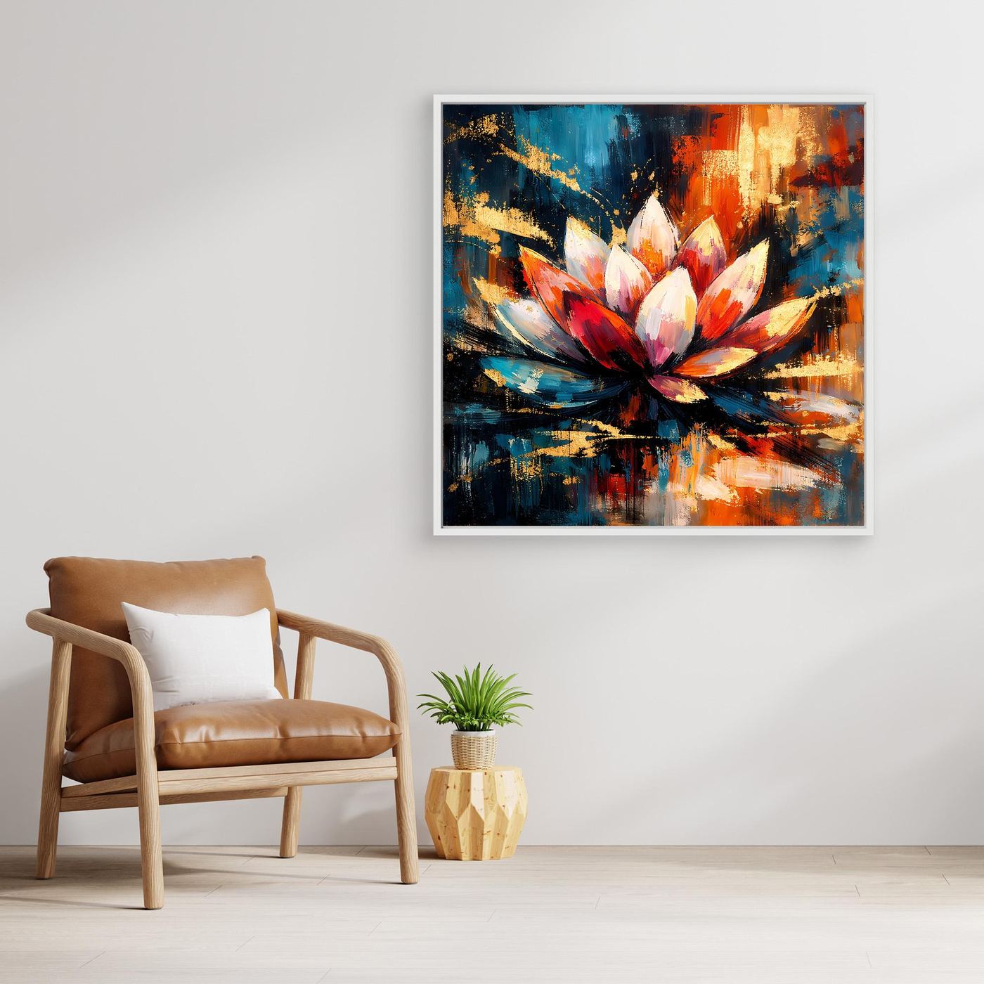 Abstraktes Leinwandbild mit Lotusblüte, weiße Blütenblätter und rote Streifen, gold gerahmt