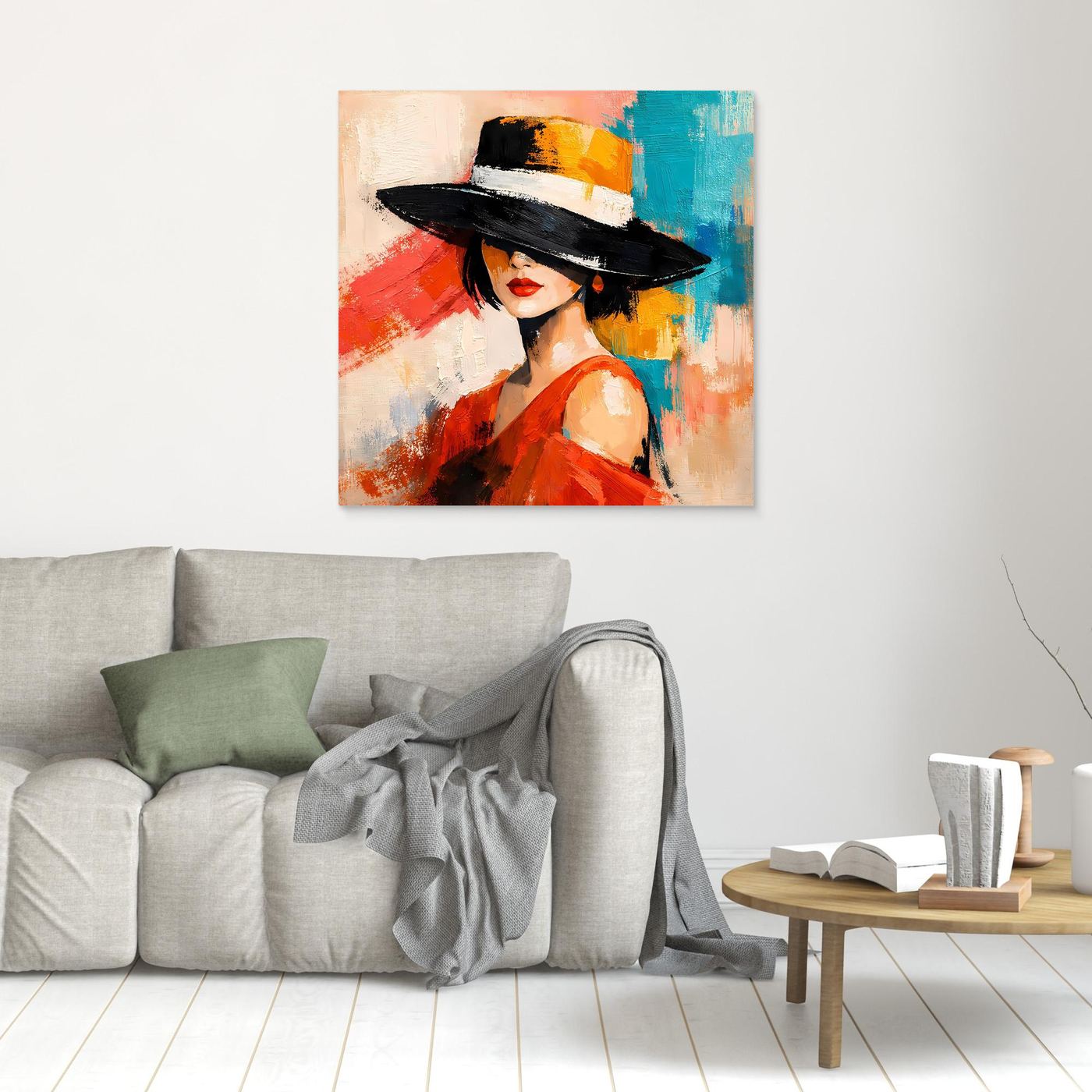 Wall art print featuring a woman in a black hat and red dress above a gray sofa
