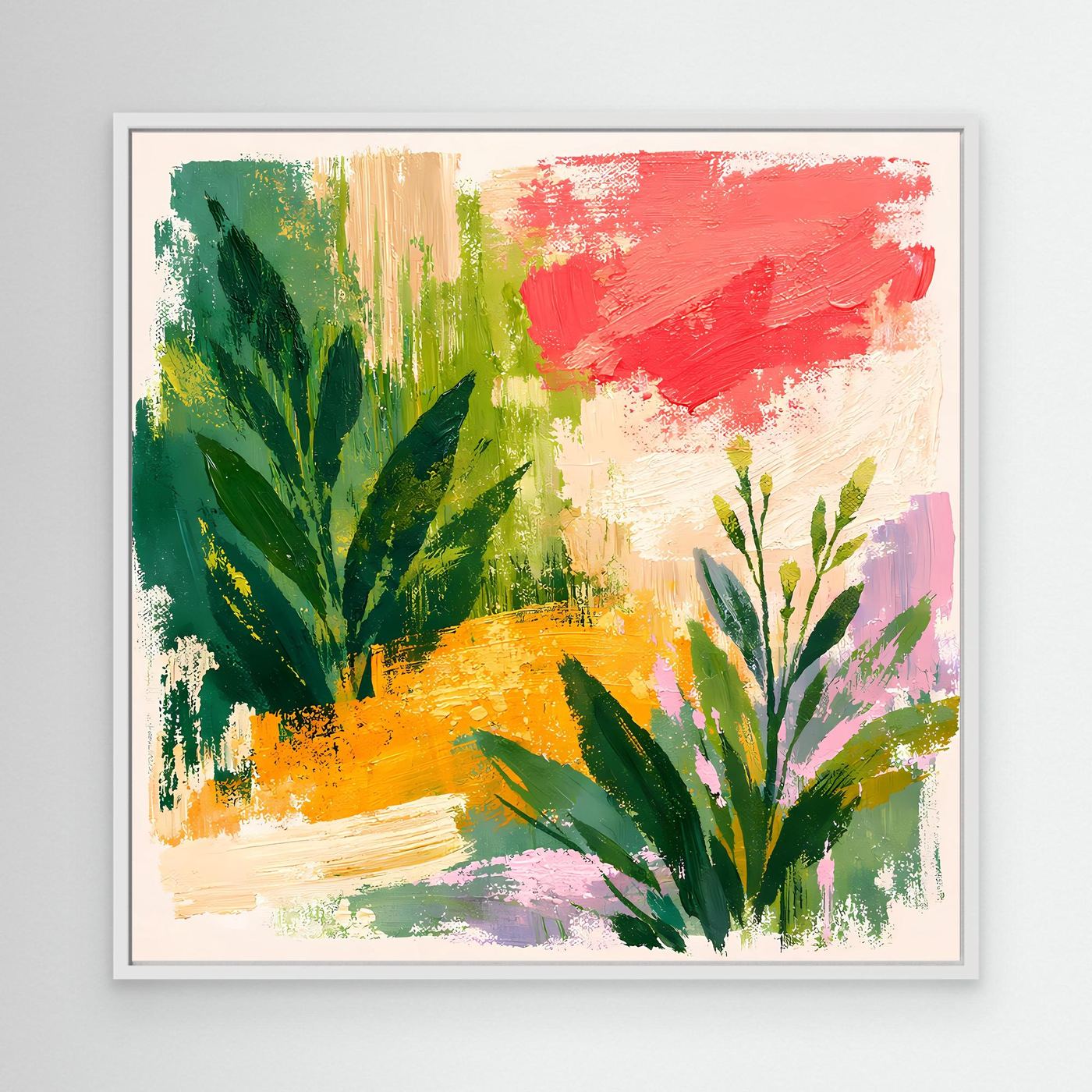 Abstract botanical landscape canvas print in a white frame with green and red accents