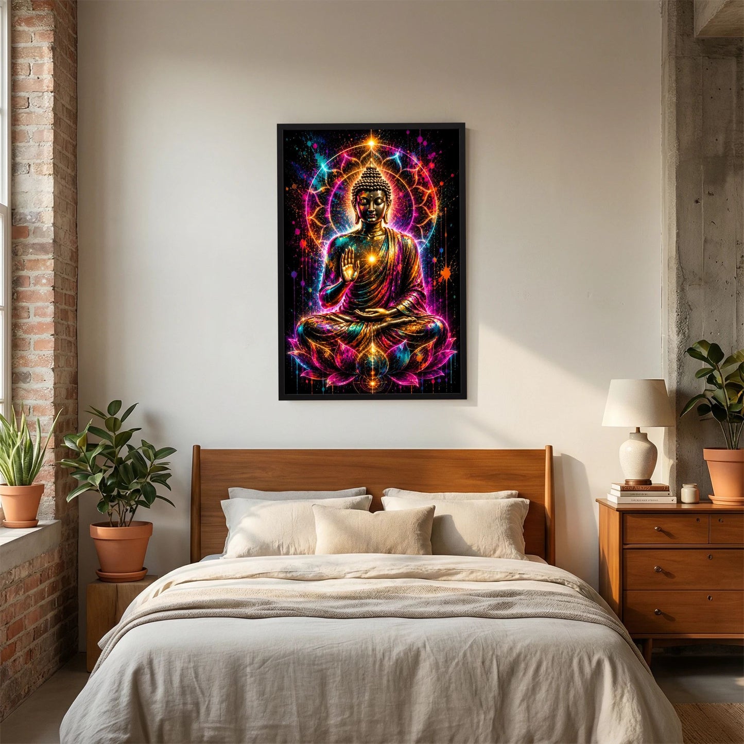 Hochformat-Poster mit sitzendem Buddha, goldene Beleuchtung und bunte Neon-Details, schwarzer Rahmen