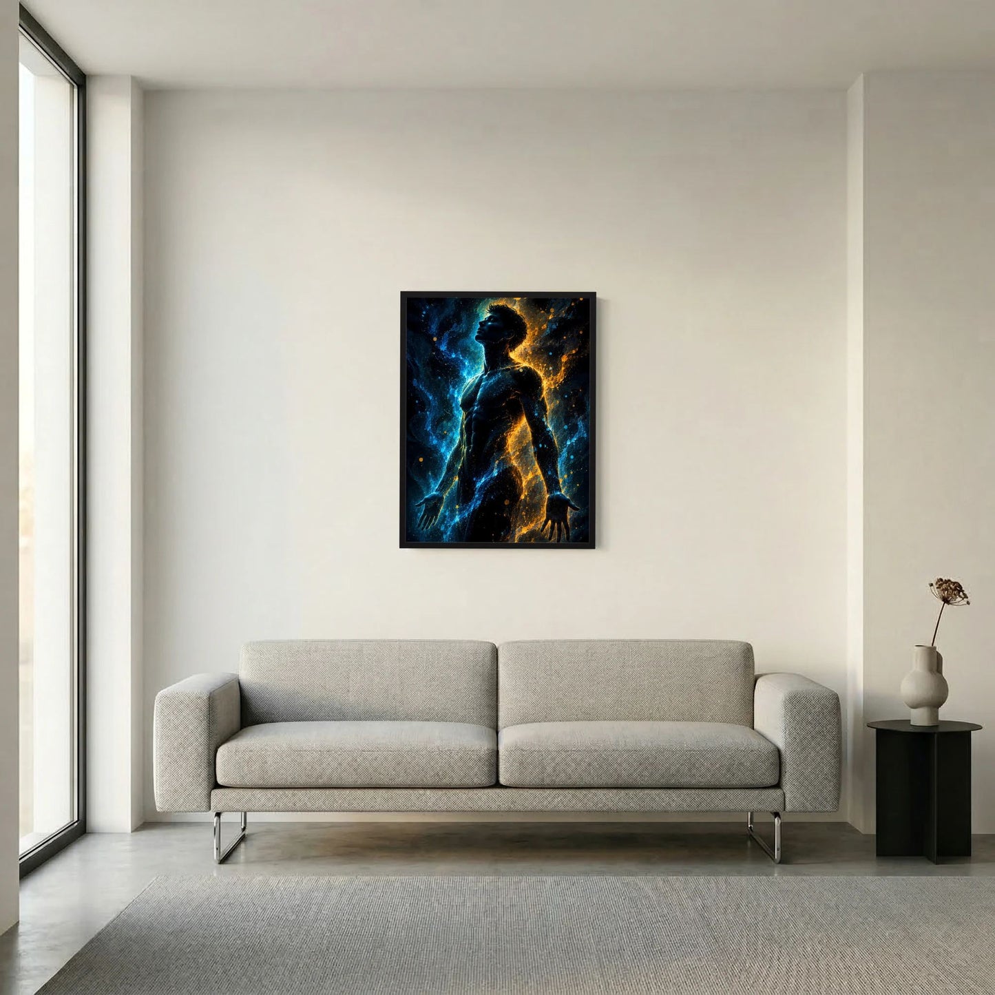 Hochformatposter mit männlicher Silhouette in Blau und Gold, abstrakte Blitze, schwarzer Rahmen