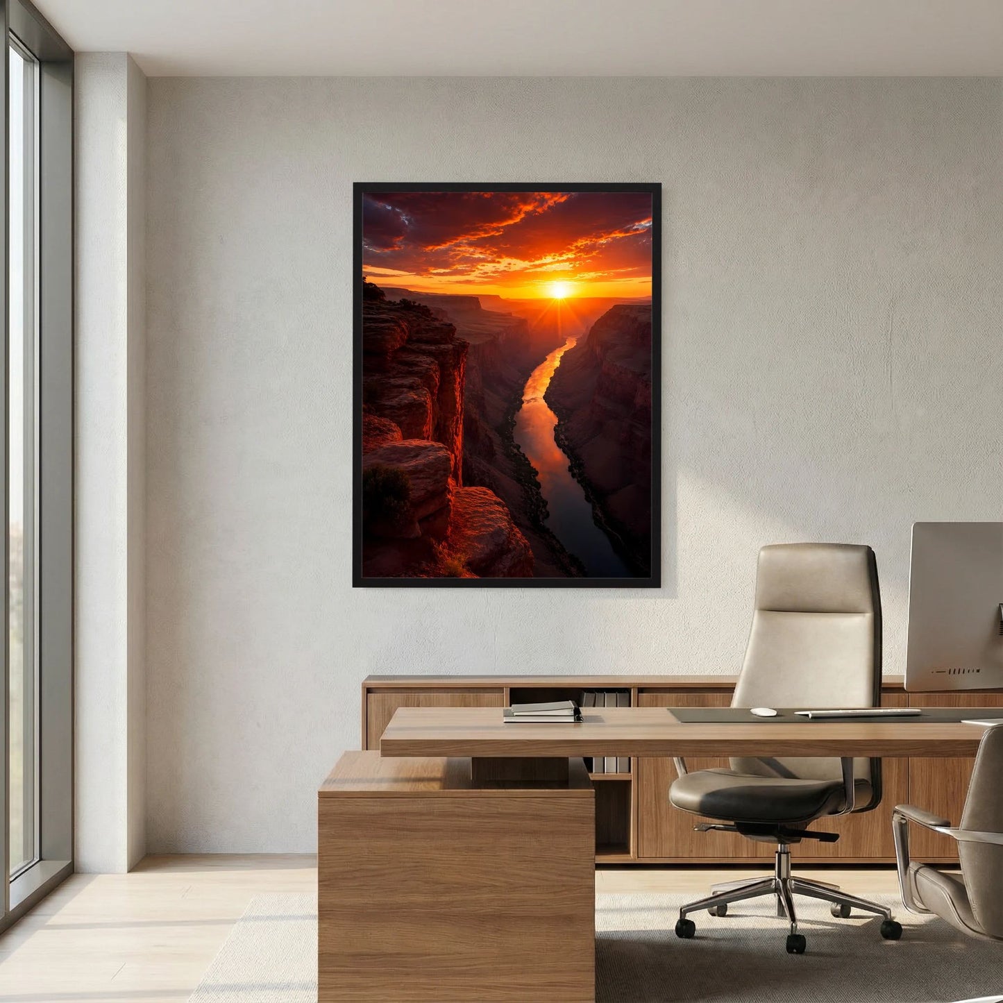Gerahmtes Poster mit Canyonfluss und Sonnenuntergang, schwarze Einfassung