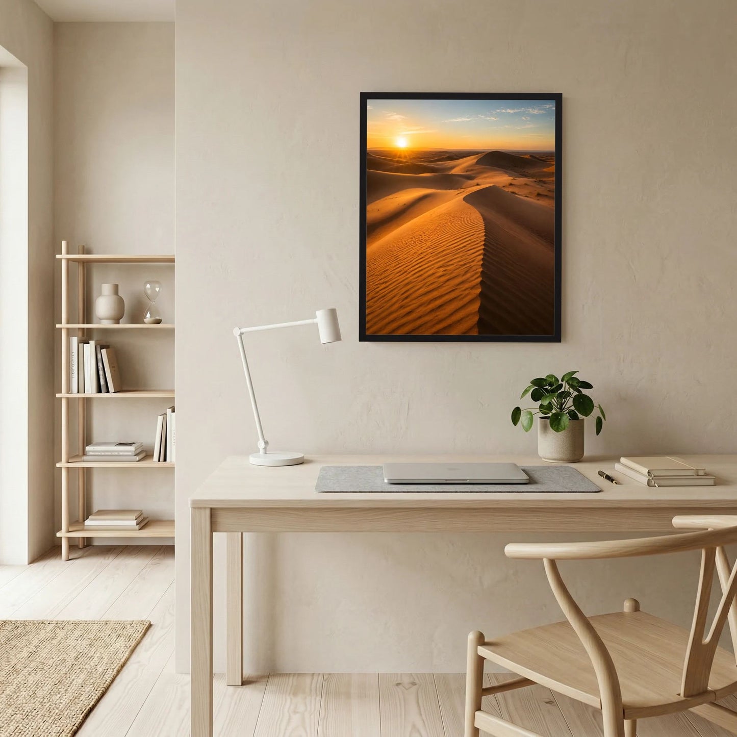 Gerahmtes Hochformat-Landschaftsposter: goldene Dünen im Sonnenuntergang