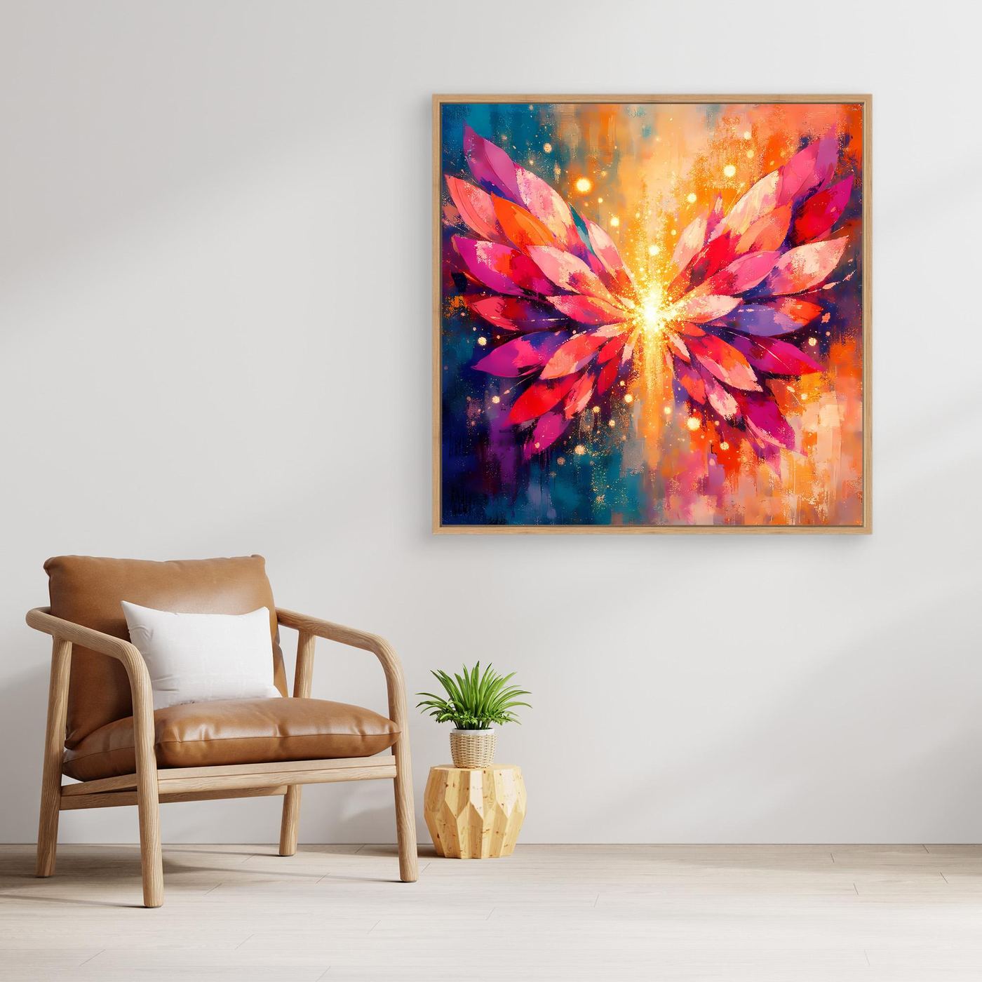 Quadratisches Leinwand-Wandbild: leuchtende Engelsflügel im Lichtstrahl, Holzrahmen
