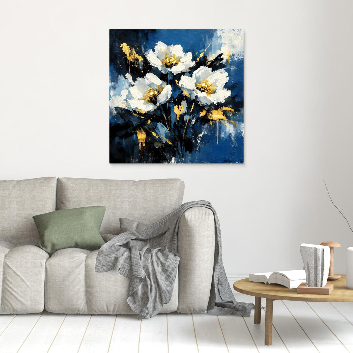 Kleines Blüten-Leinwandbild mit weißen und goldenen Blüten auf blau-schwarzem Hintergrund
