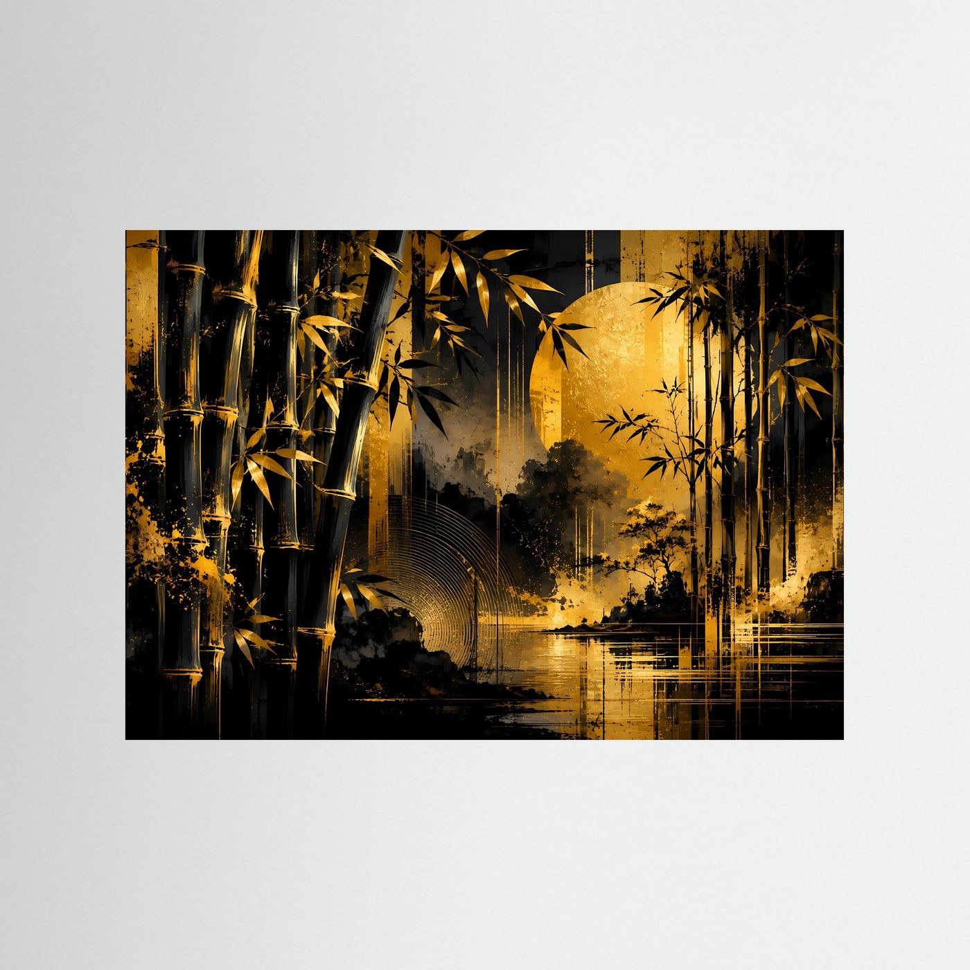 Goldener Bambuswald bei Mondlicht | Elegante asiatische Naturkunst in Schwarz & Gold mit Wasserreflexion | Luxuriöse abstrakte Wandkunst