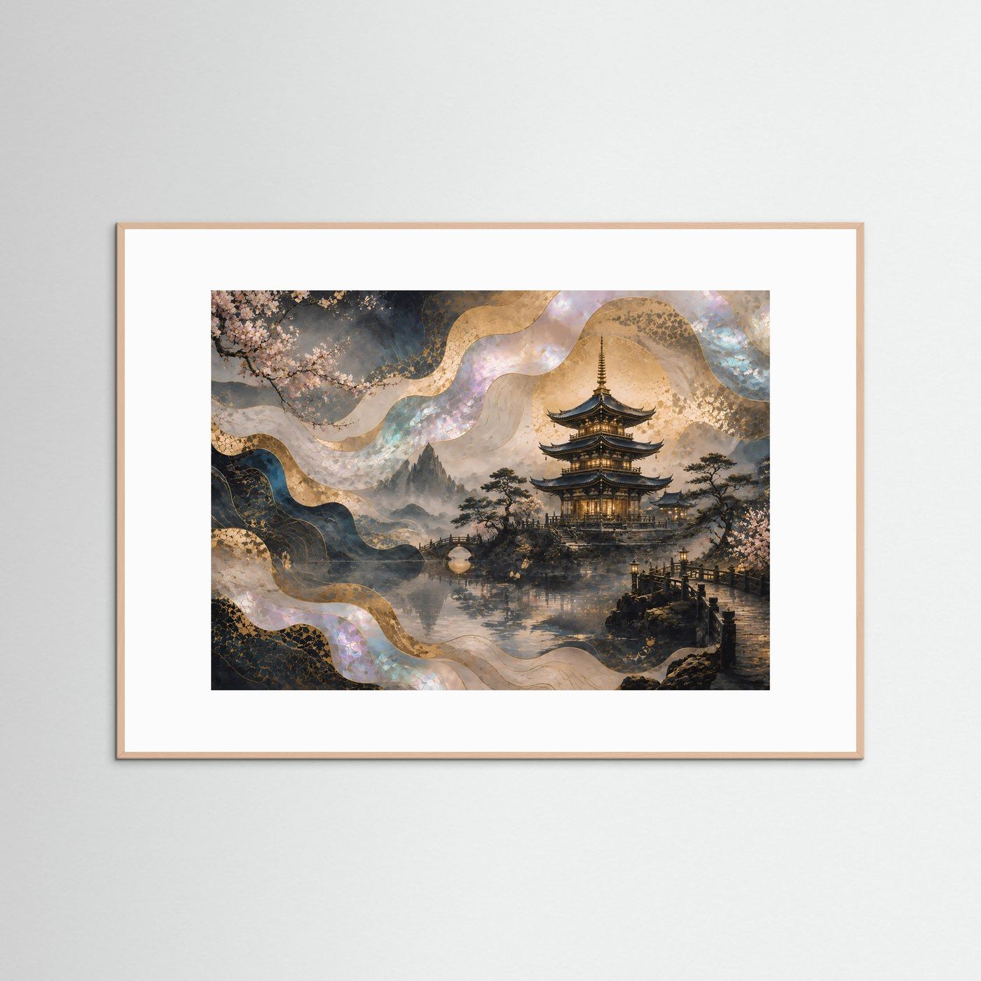 Poster mit japanischer Tempellandschaft und Kirschblüten im Querformat, beiger Rahmen