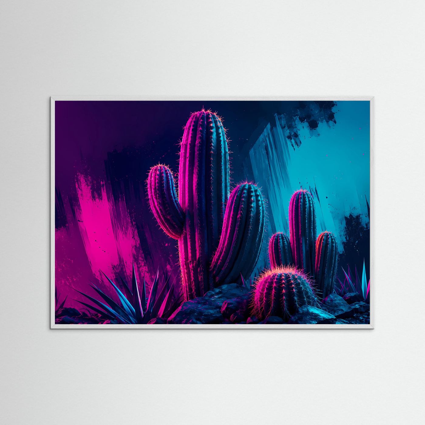 Neon-Kaktus in Pink & Blau | Modernes Wandbild im Cyberpunk- & Synthwave-Stil