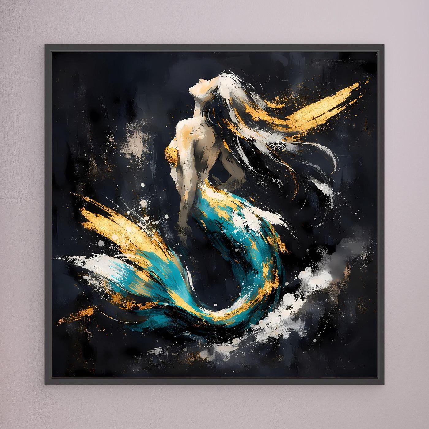Leinwand Elegante Meerjungfrau in Türkis und Gold | Modernes Fantasy Wandbild