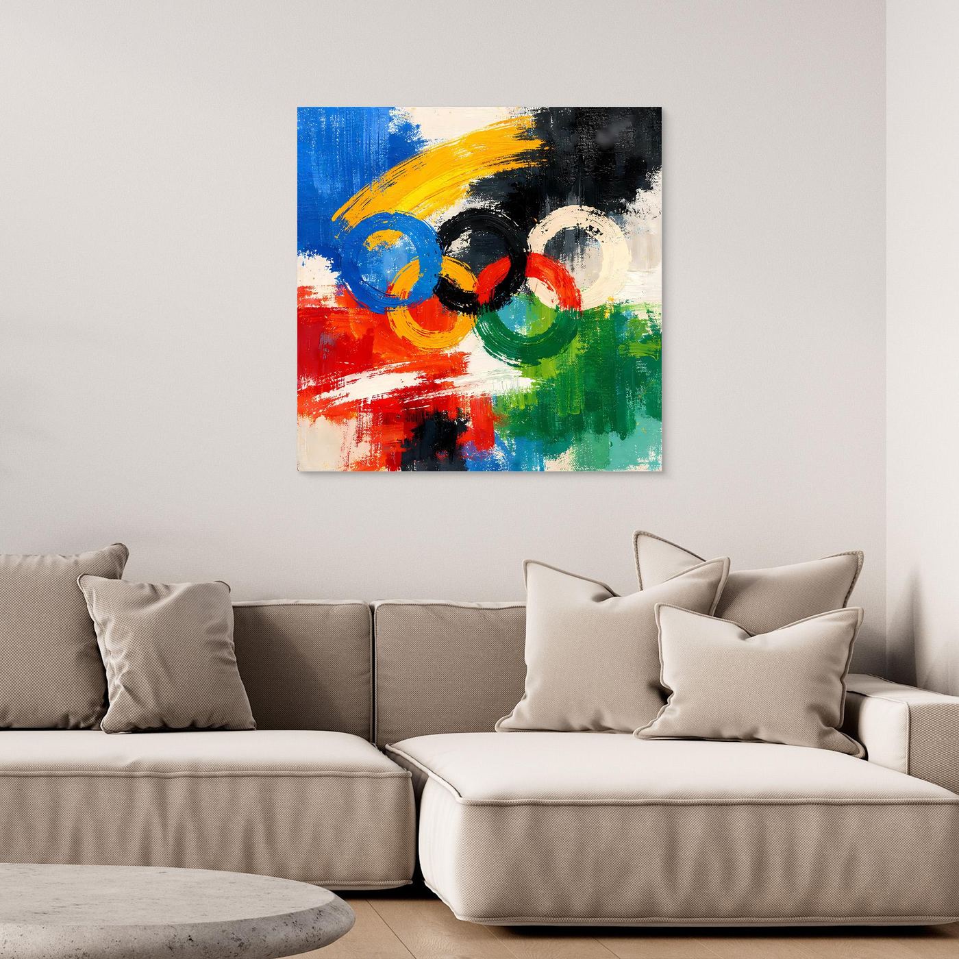 Leinwandbild mit abstrakten Olympischen Ringen in Blau, Gelb, Grün und Rot, ohne sichtbaren Rahmen