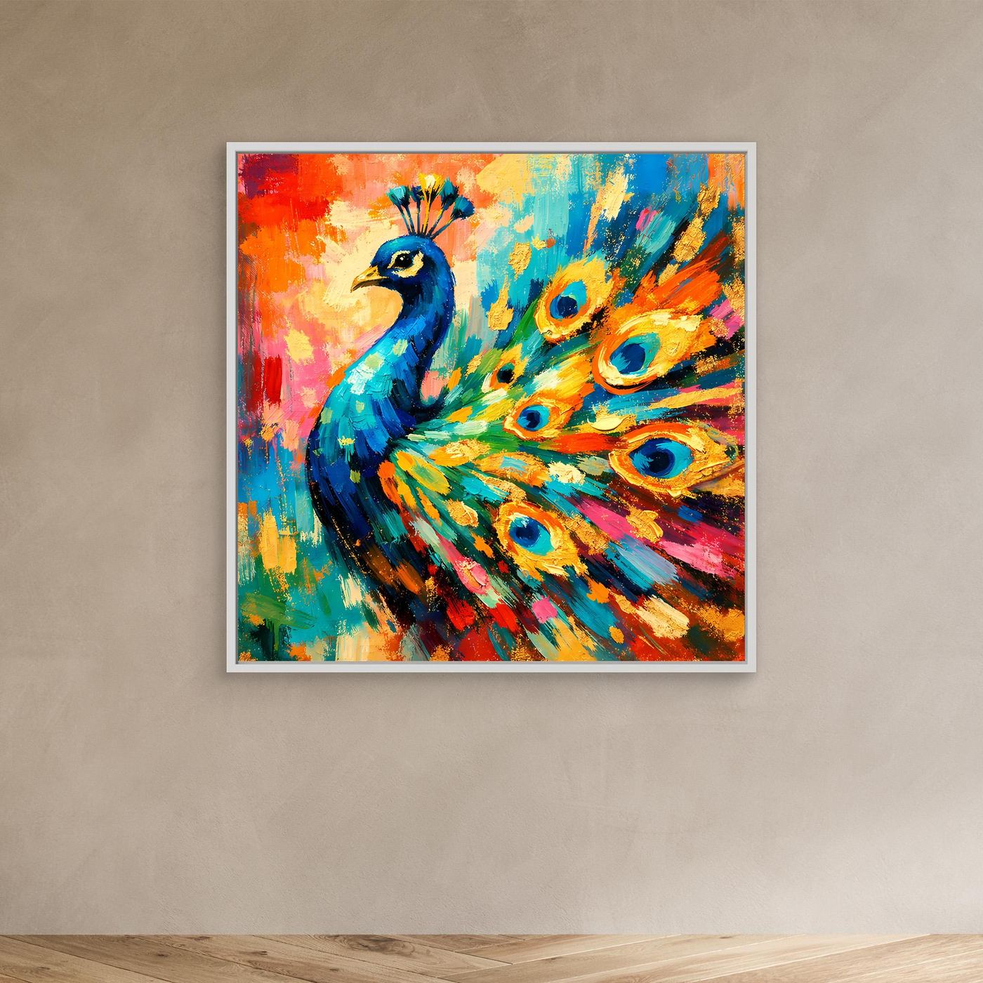 Leinwandbild mit abstraktem Pfau, bunte Farben, weißer Rahmen
