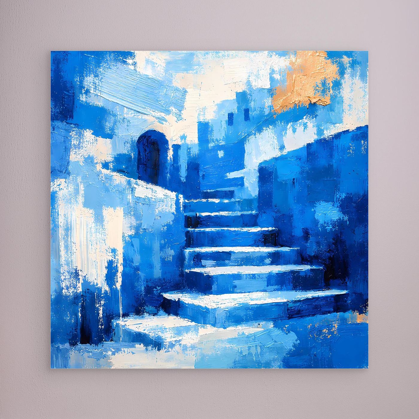 Blaues Leinwand-Wandbild mit Treppenmotiv, ohne Rahmen, orangefarbener Akzent