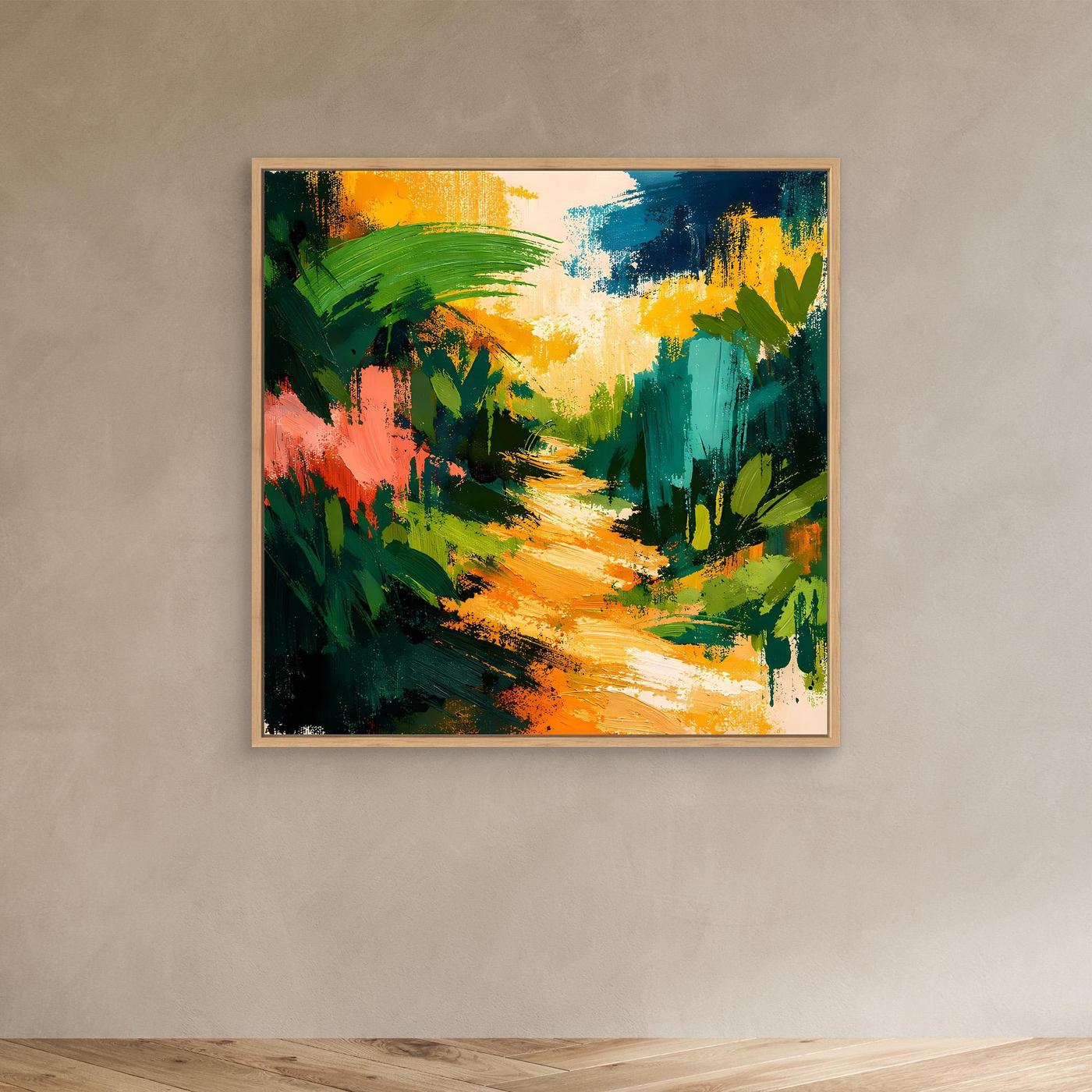 Abstract forest path canvas wall art with light oak frame, colorful brushstrokes on canvas