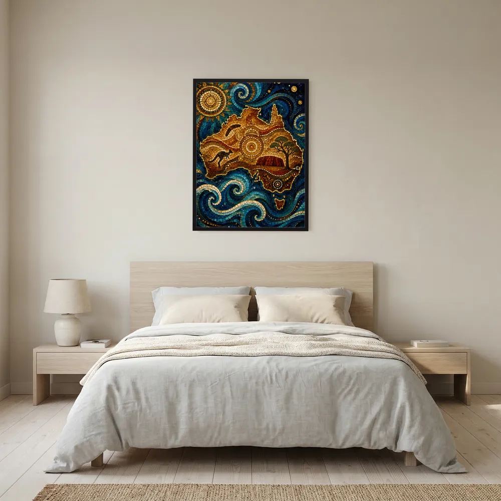Poster mit Mosaikmotiv: Känguru-Landschaft in Blau, Gold und Braun