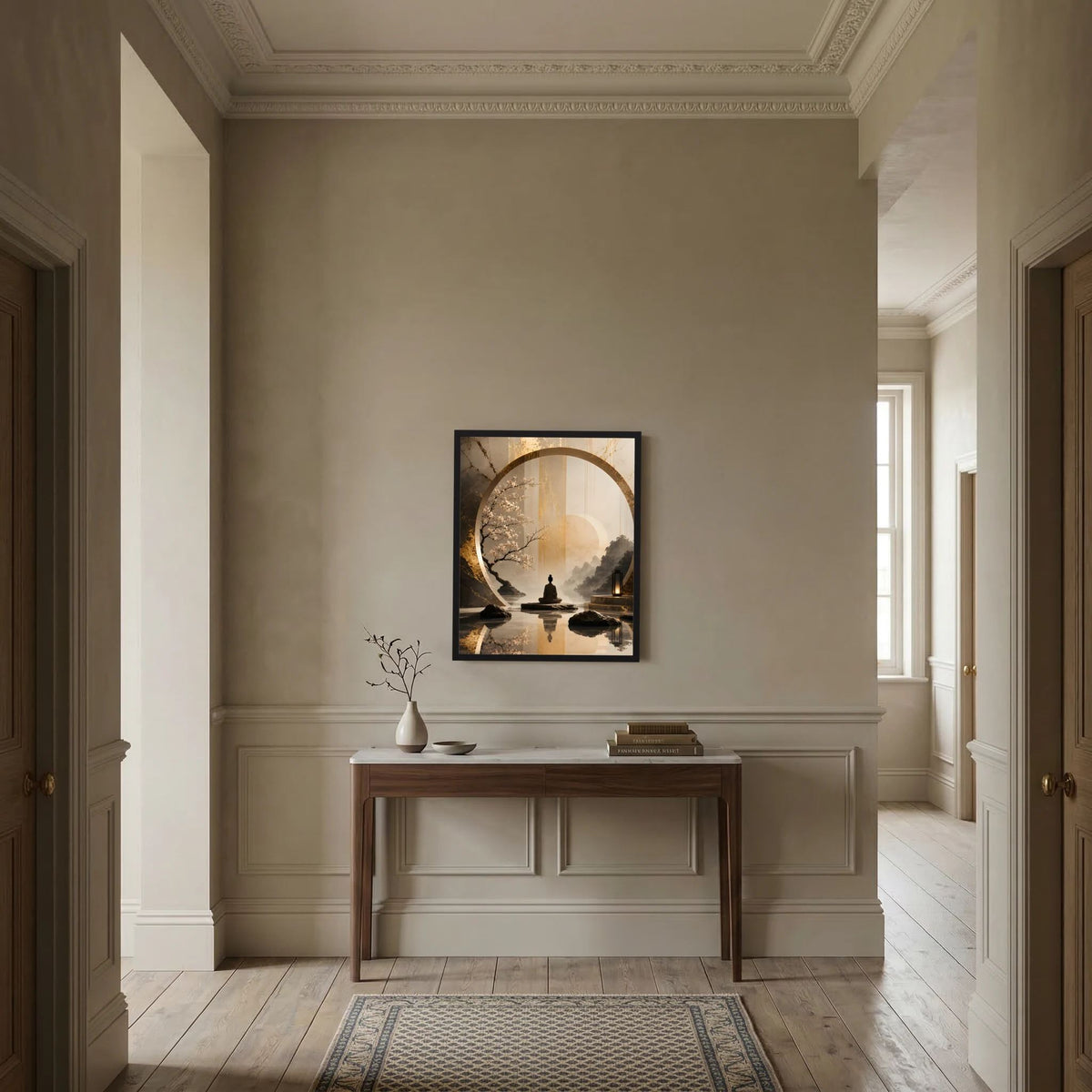 Hochformat-Wandposter an klassischer Wand: goldener Kreis, meditierende Figur, Kirschblütenzweig