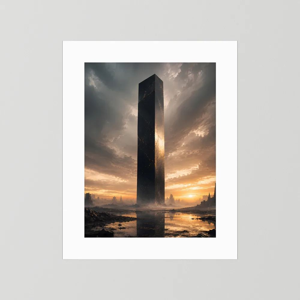 Poster im Hochformat mit schwarzem Monolithen im weißen Passepartout