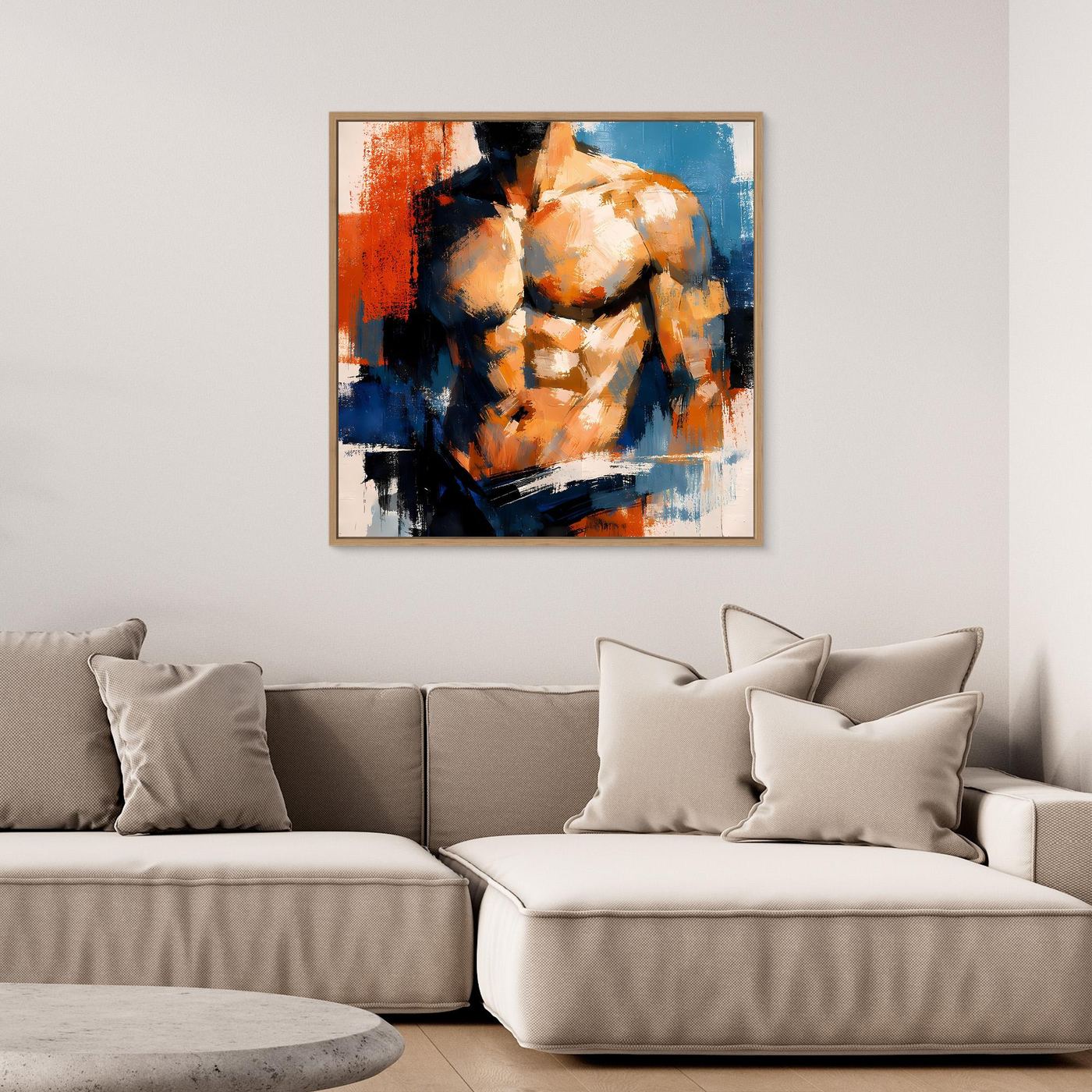 Abstract canvas wall art of a muscular male torso, orange and blue brushstrokes, oak frame