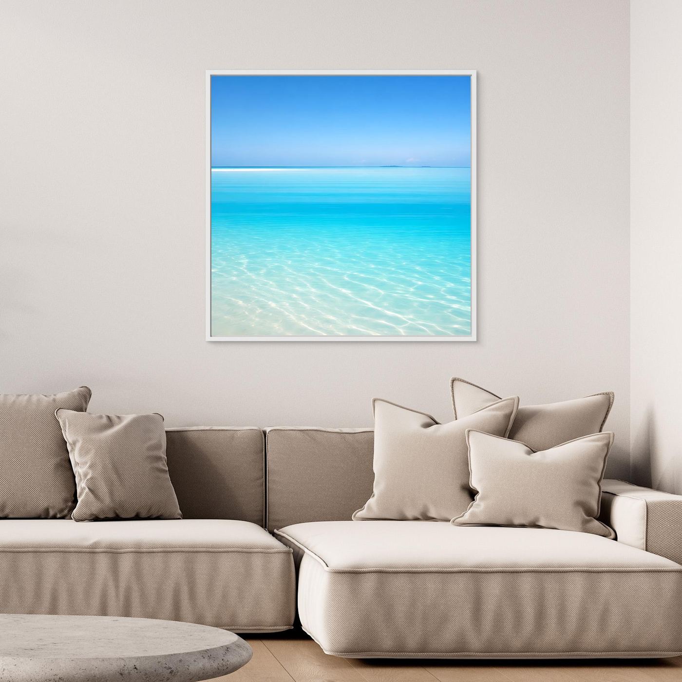 Quadratisches Leinwandbild mit türkisblauem Ozeanmotiv und sichtbarem hellen Rand