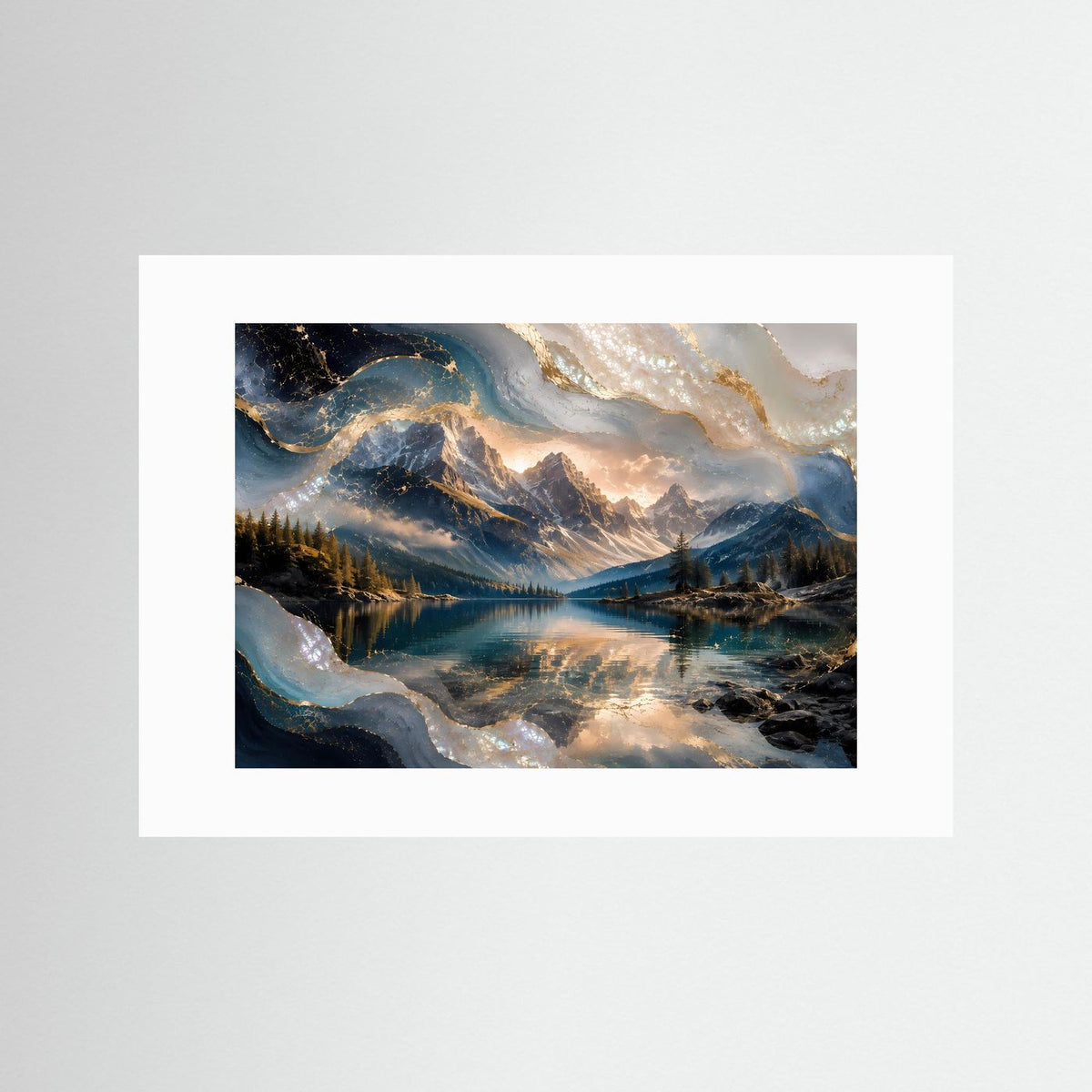 Querformat-Poster mit weißem Passepartout: abstrakte Berge und Bergsee, blau-goldene Perlmutt-Optik