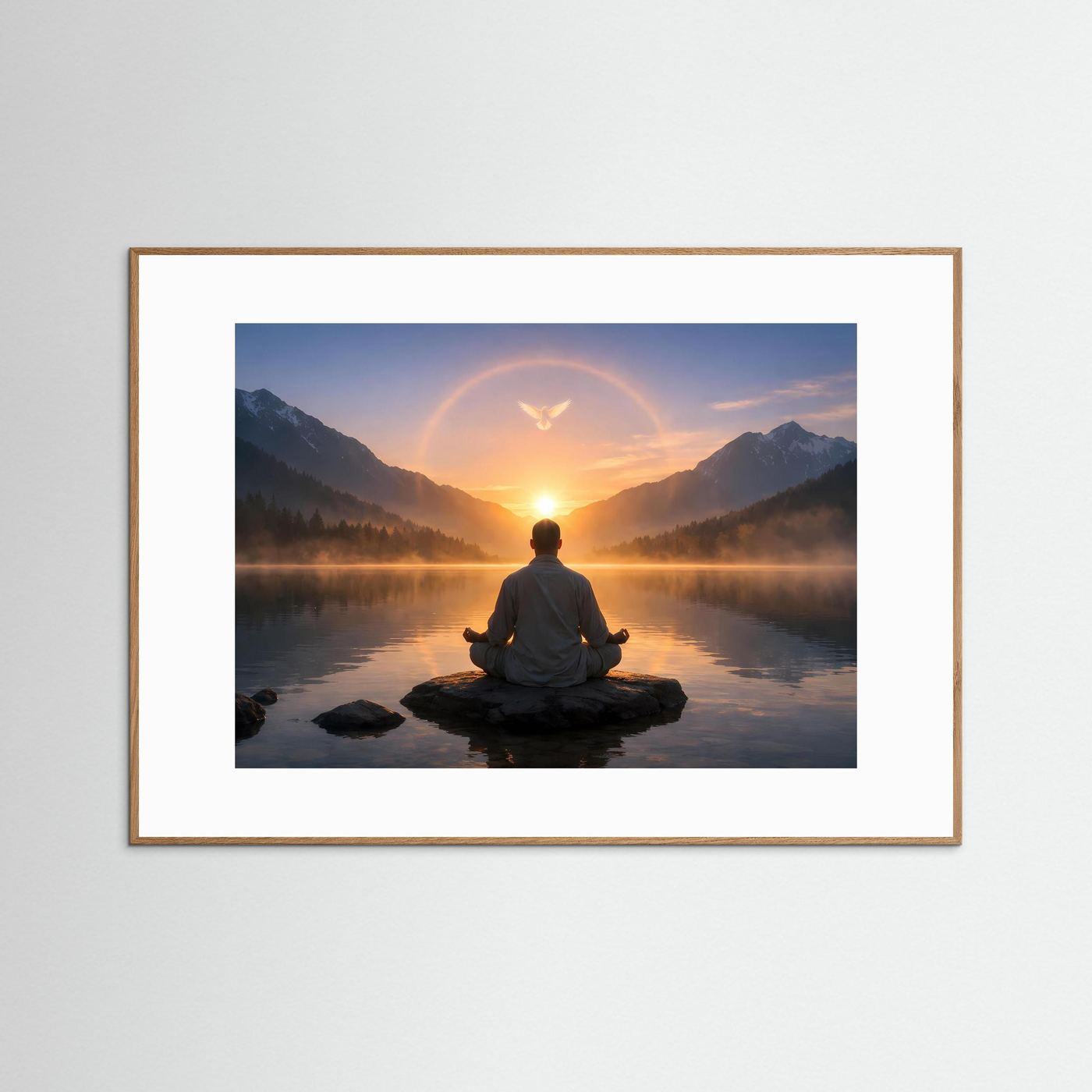Meditationsposter mit Meditierender Person am See, Sonnenaufgang und Lichtbogen, goldbrauner Holzrahmen