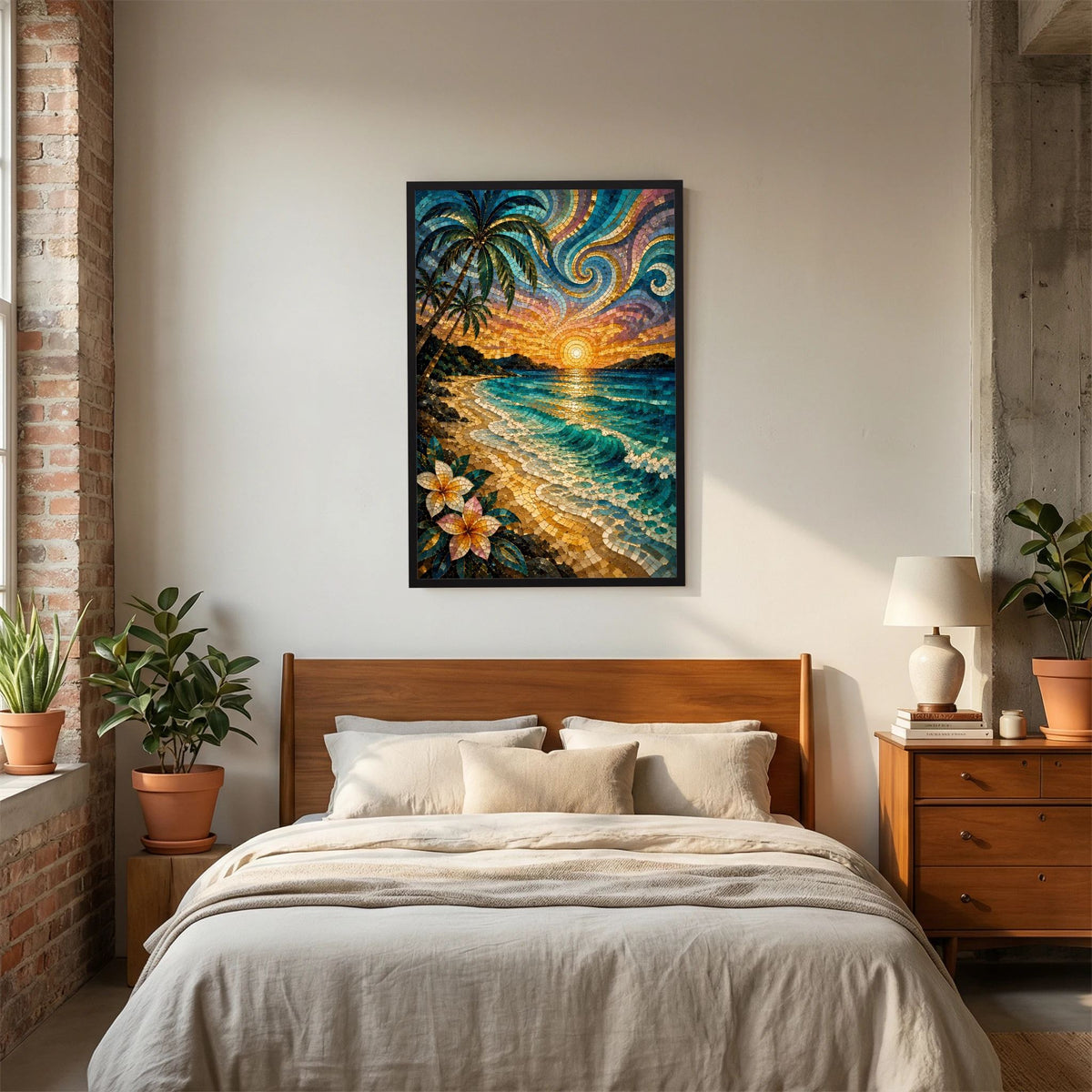 Poster im schwarzen Rahmen mit Mosaikdarstellung von Küste, Palmen, Blumen und Sonnenuntergang.