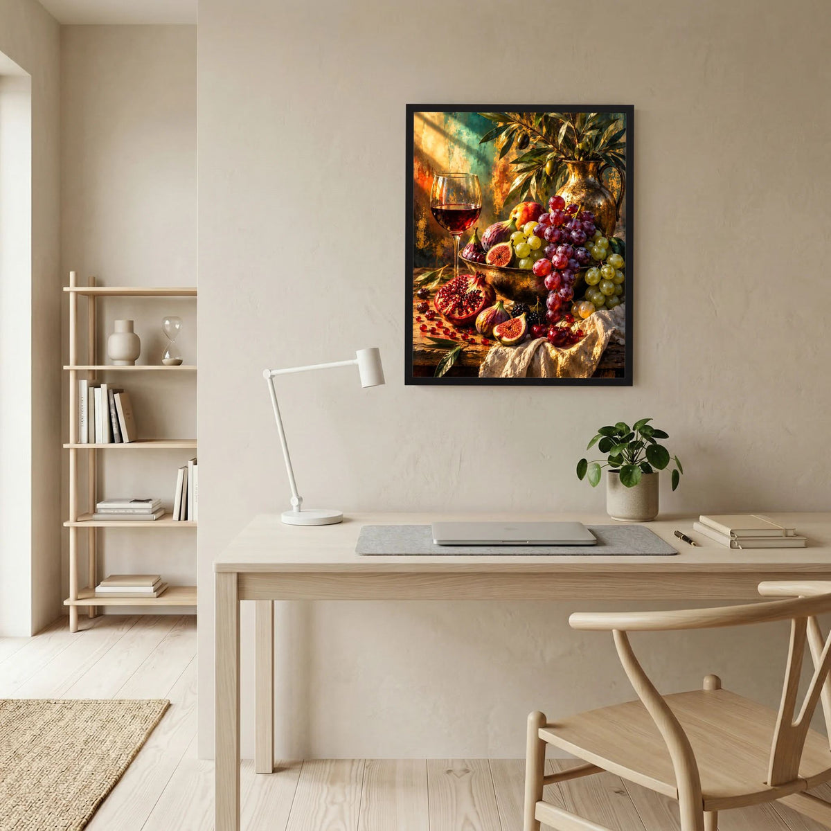 Hochformat-Poster mit Trauben in einer Vase, Wein im Glas, Feigen und Granatapfel