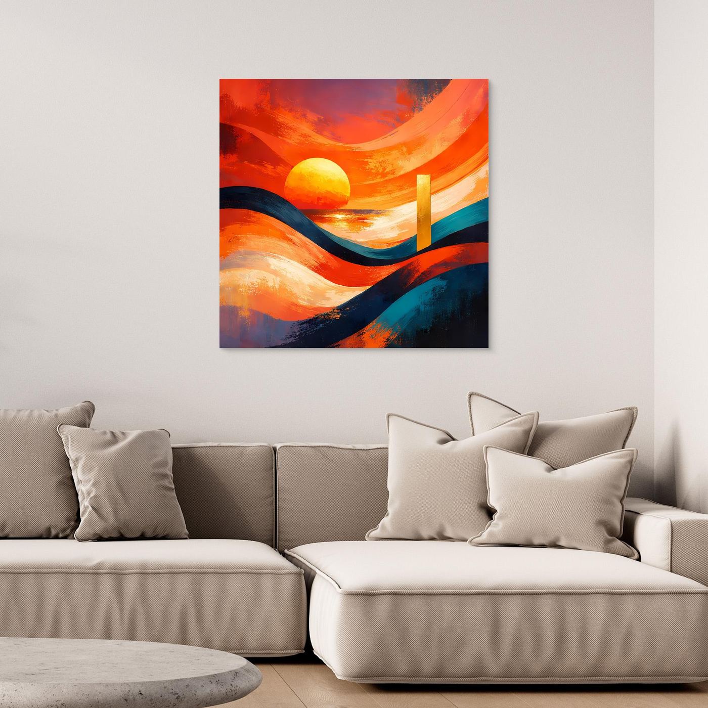 Leinwandbild abstraktes Meer mit orangefarbener Sonne, blauen Wellen und Bildkante