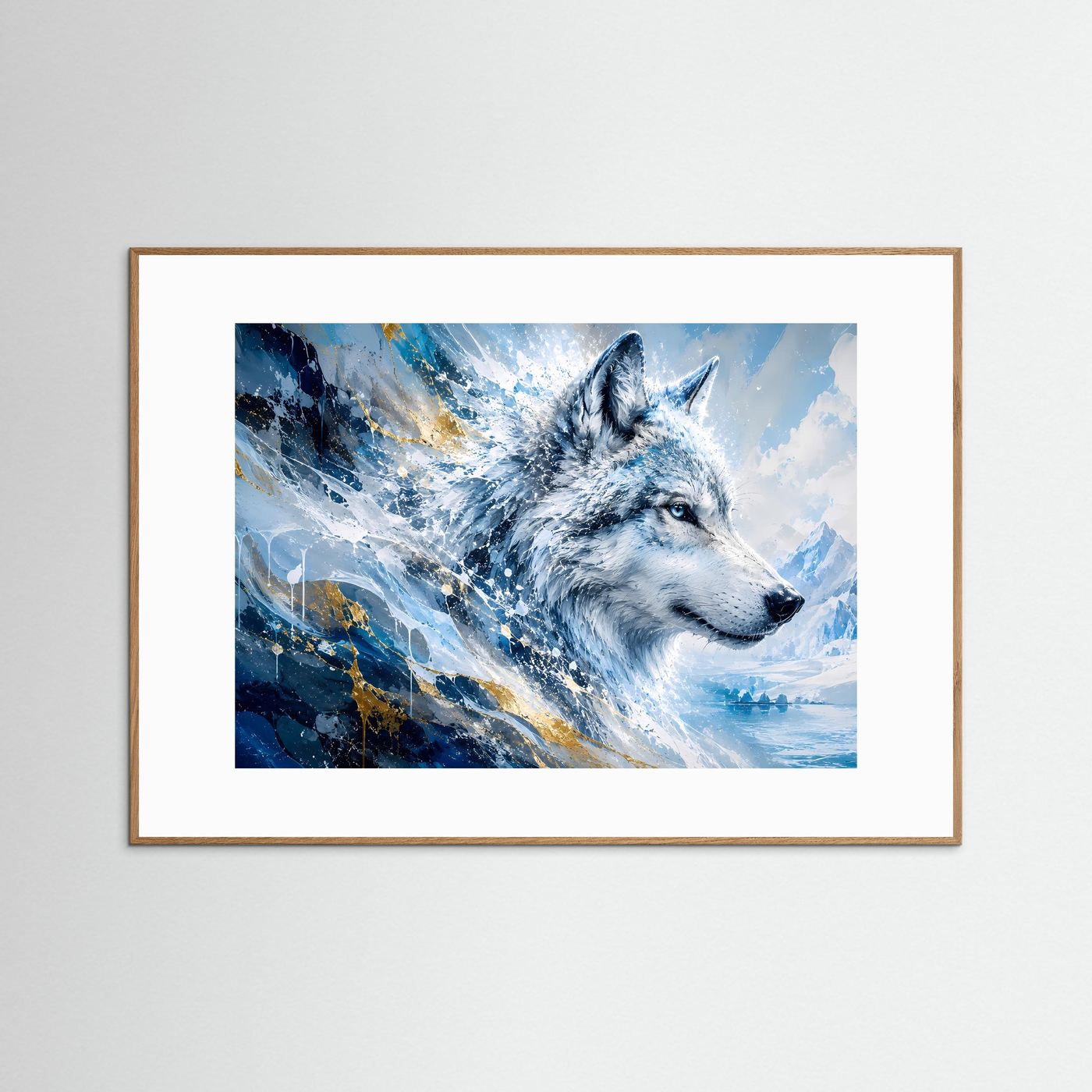 Schneewolf Poster Querformat | Eiswolf Wandbild Modern | Wolf Kunst in Blau Weiß mit Goldakzenten