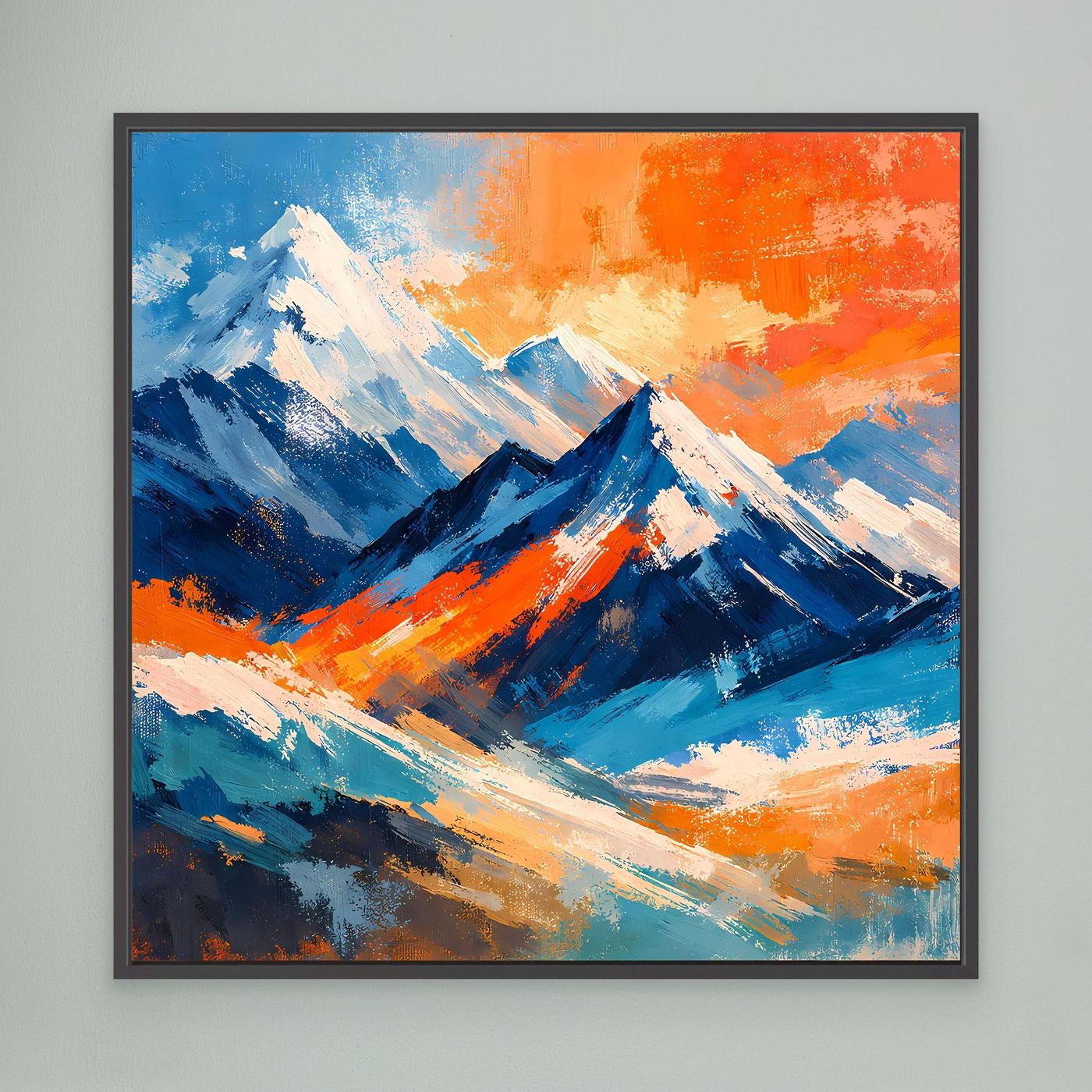 Abstraktes Leinwandbild mit bunten Bergen, Schwarzer Rahmen, dynamische Hochgebirge