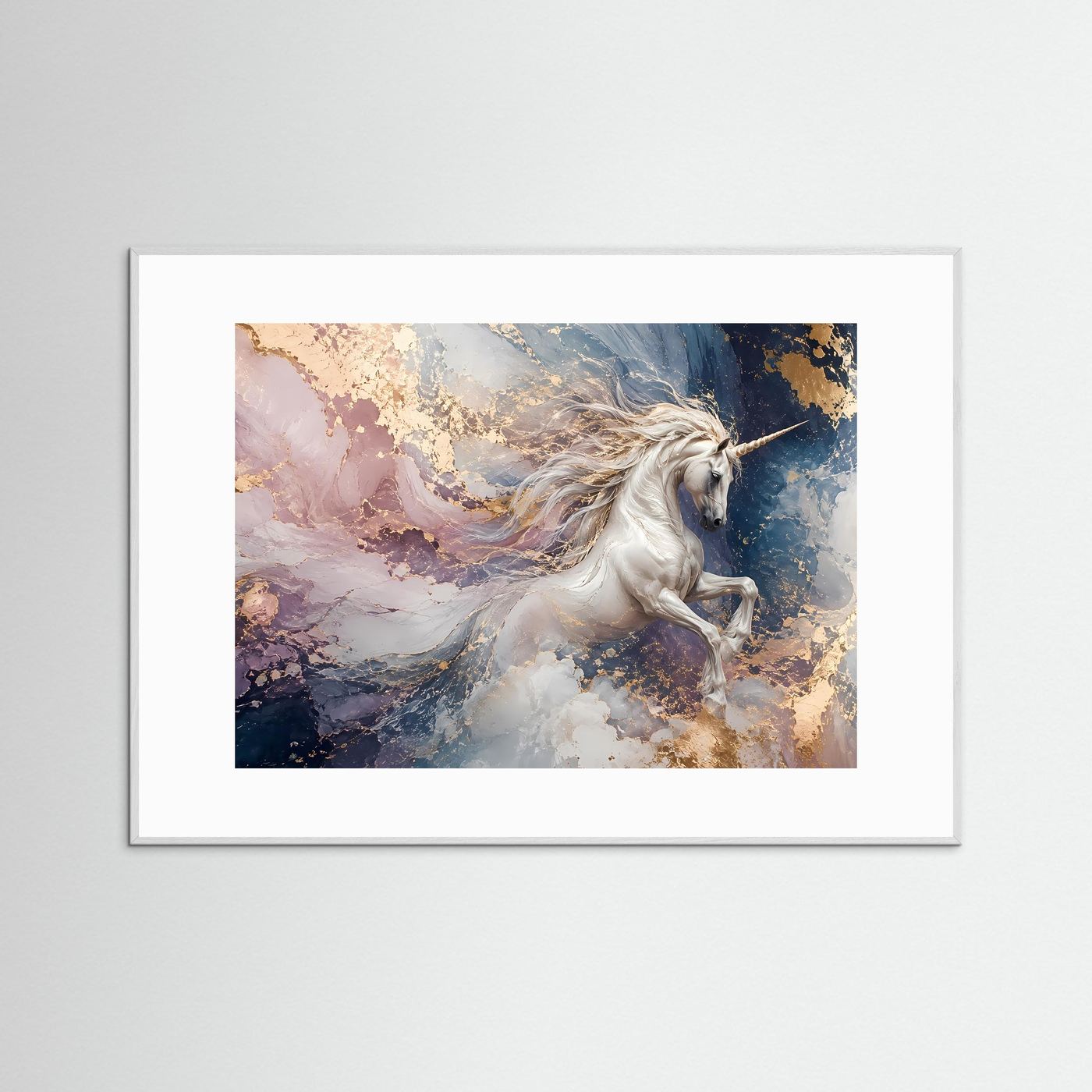 Weißes Einhorn in Gold & Pastell | Elegante Fantasy Kunst