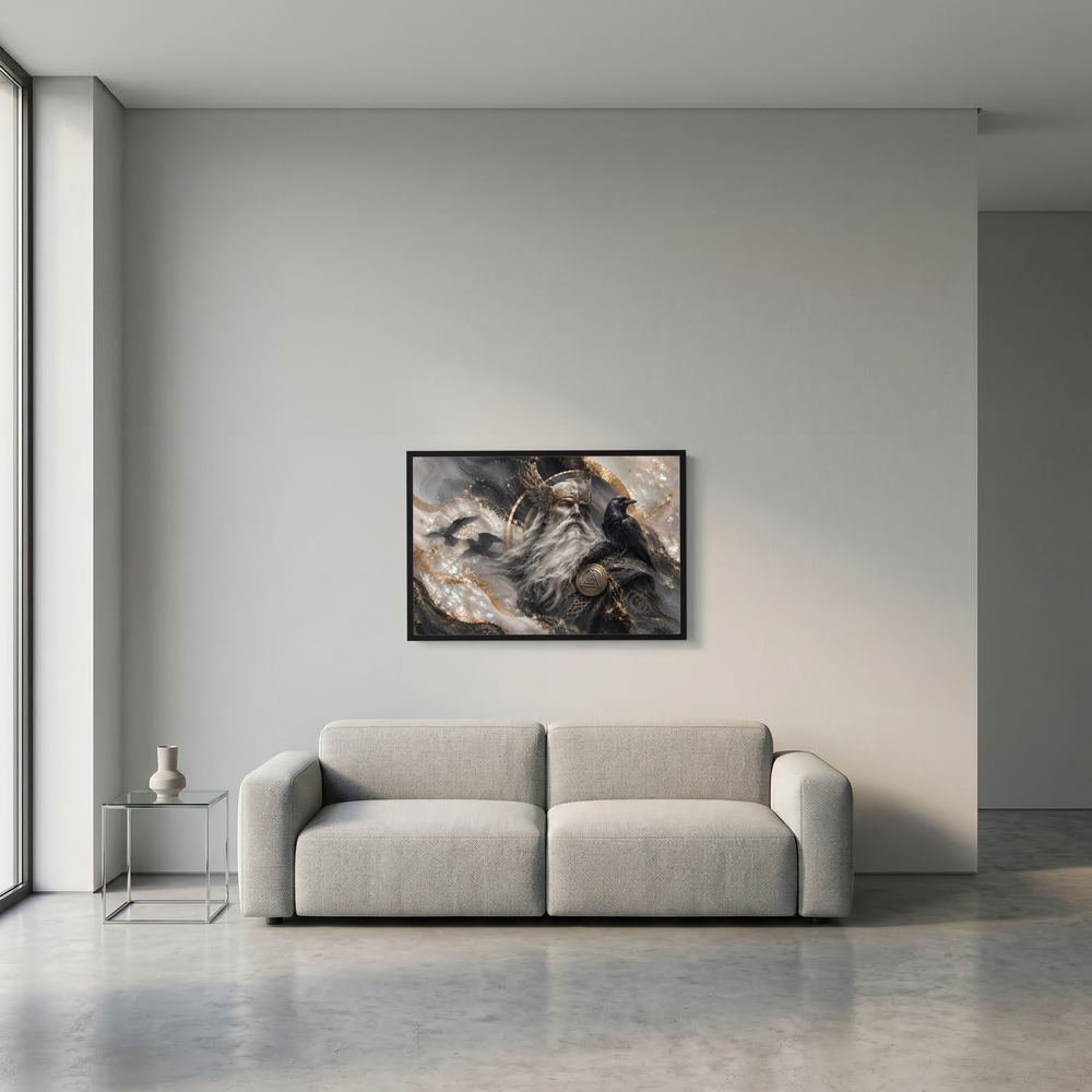 Querformatposter mit Odin und Raben, schwarzer Rahmen, frontal an der Wand