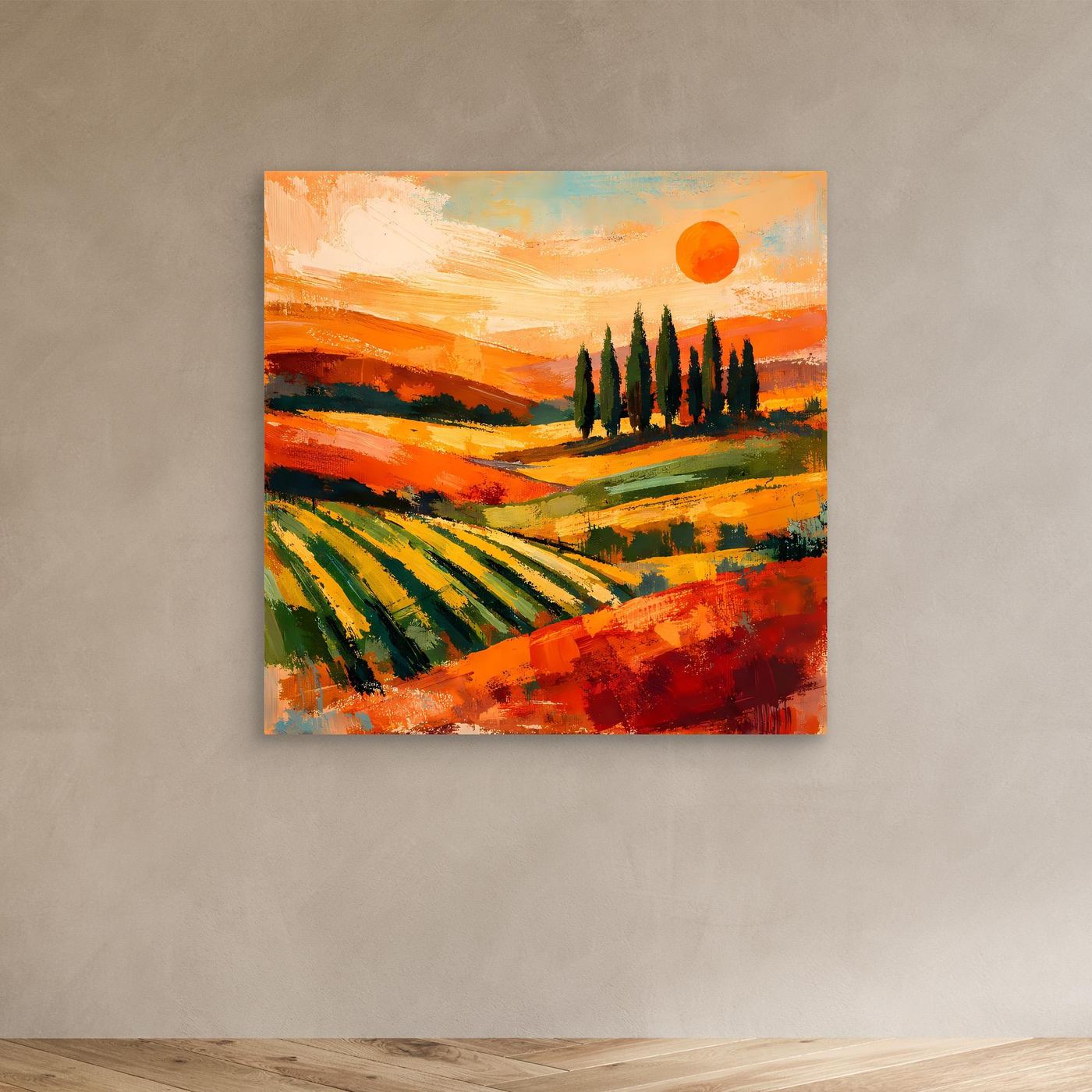 Leinwand-Wandbild mit Zypressen zwischen Hügeln im orangefarbenen Sonnenuntergang