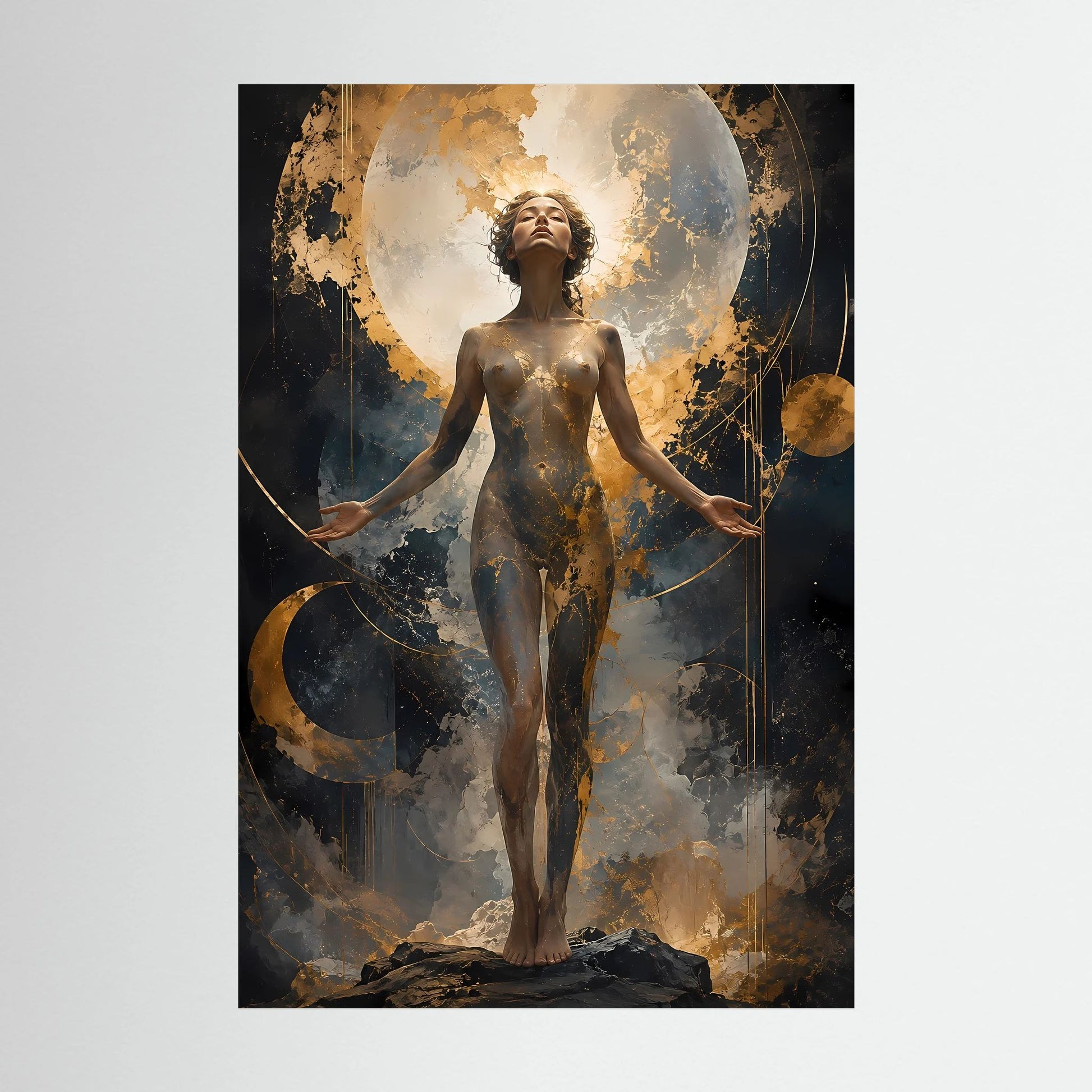 Mondgöttin in Gold | Mystische Frau vor Vollmond | Poster Hochformat