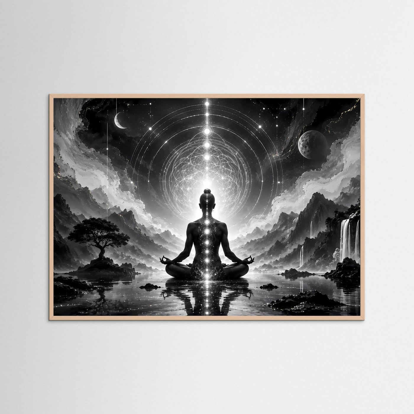 Meditation Schwarz Weiß | Spirituelles Wandbild mit Chakren & Heiliger Geometrie