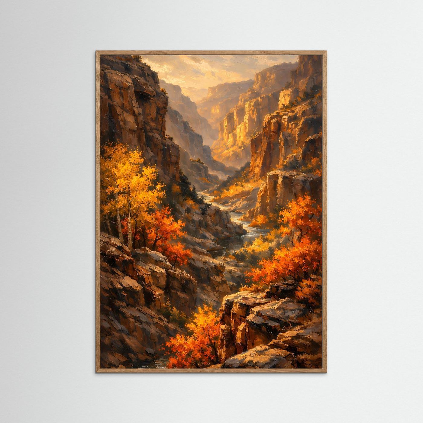 Poster im braunen Rahmen: Herbst-Schlucht mit orangefarbenem Flusslauf und Bäumen