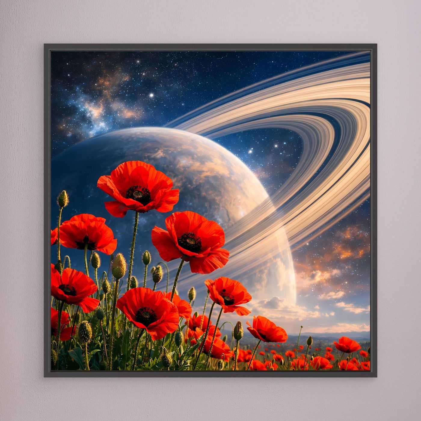Leinwandbild mit roten Mohnblumen, Planet und Spiralnebel im Weltraum, schwarzer Rahmen