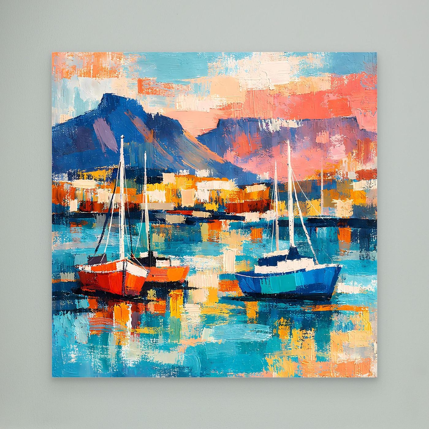 Abstraktes Leinwand-Wandbild mit Segelbooten, türkis-blaues Meer, orange und rot