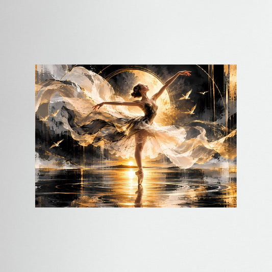 Querformatiges Poster mit abstrakter Ballerina in Schwarz und Gold, ohne Rahmen