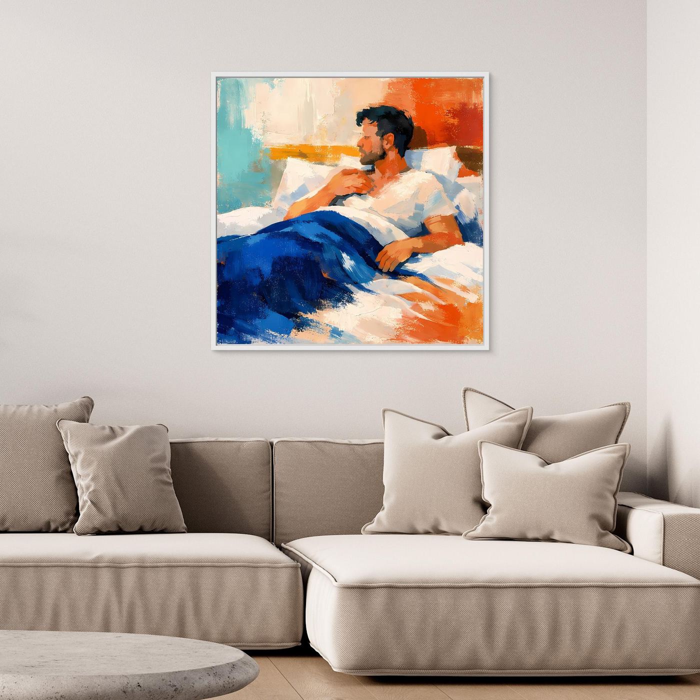 Gerahmtes Leinwand-Wandbild: Mann im Liegen, blaues Tuch, weiße Flächen, orange Zone