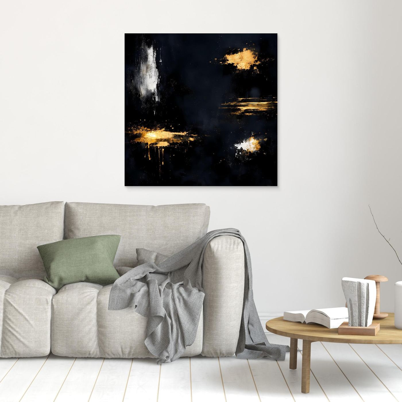 Leinwand Goldene Lichtakzente auf Schwarz | Modernes Abstraktes Minimalismus Wandbild