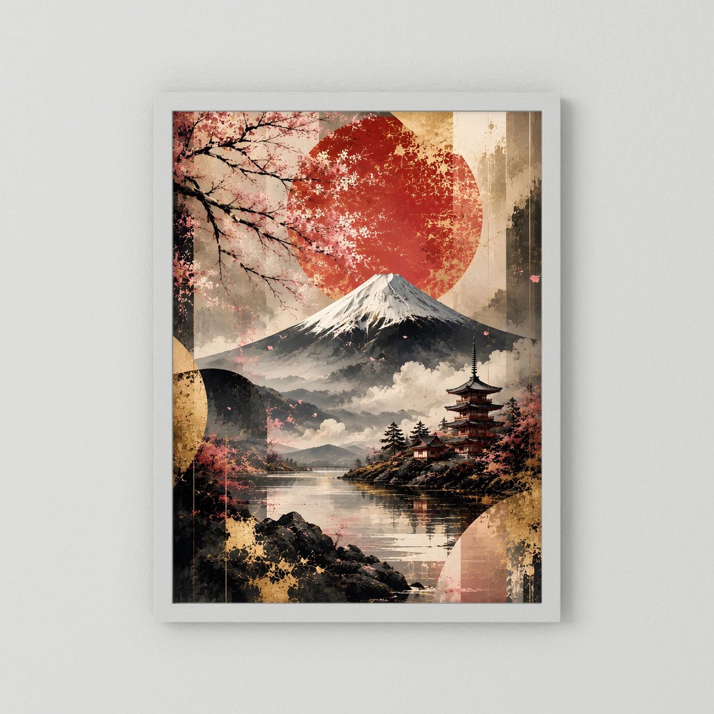 Hochformatiges Poster mit japanischer Landschaft, Fuji und roter Sonne im weißen Rahmen