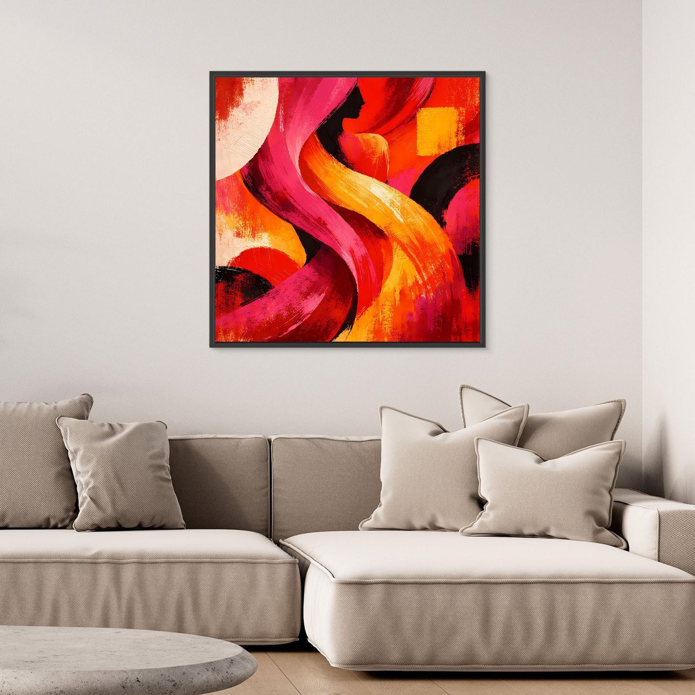Leinwandbild mit abstrakten Pinselstrichen in Rot, Pink und Orange, mit schwarzem Rahmen