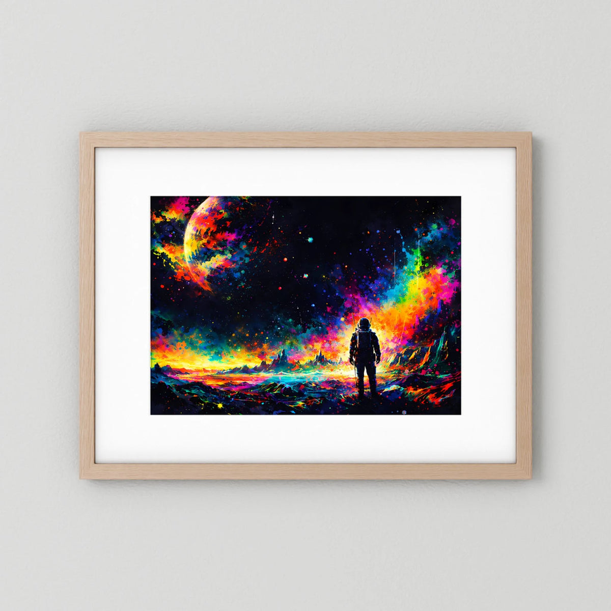 Wandbild-Poster: Astronaut in Neon-Weltraum, farbiger Farben-Kosmos, Holzrahmen