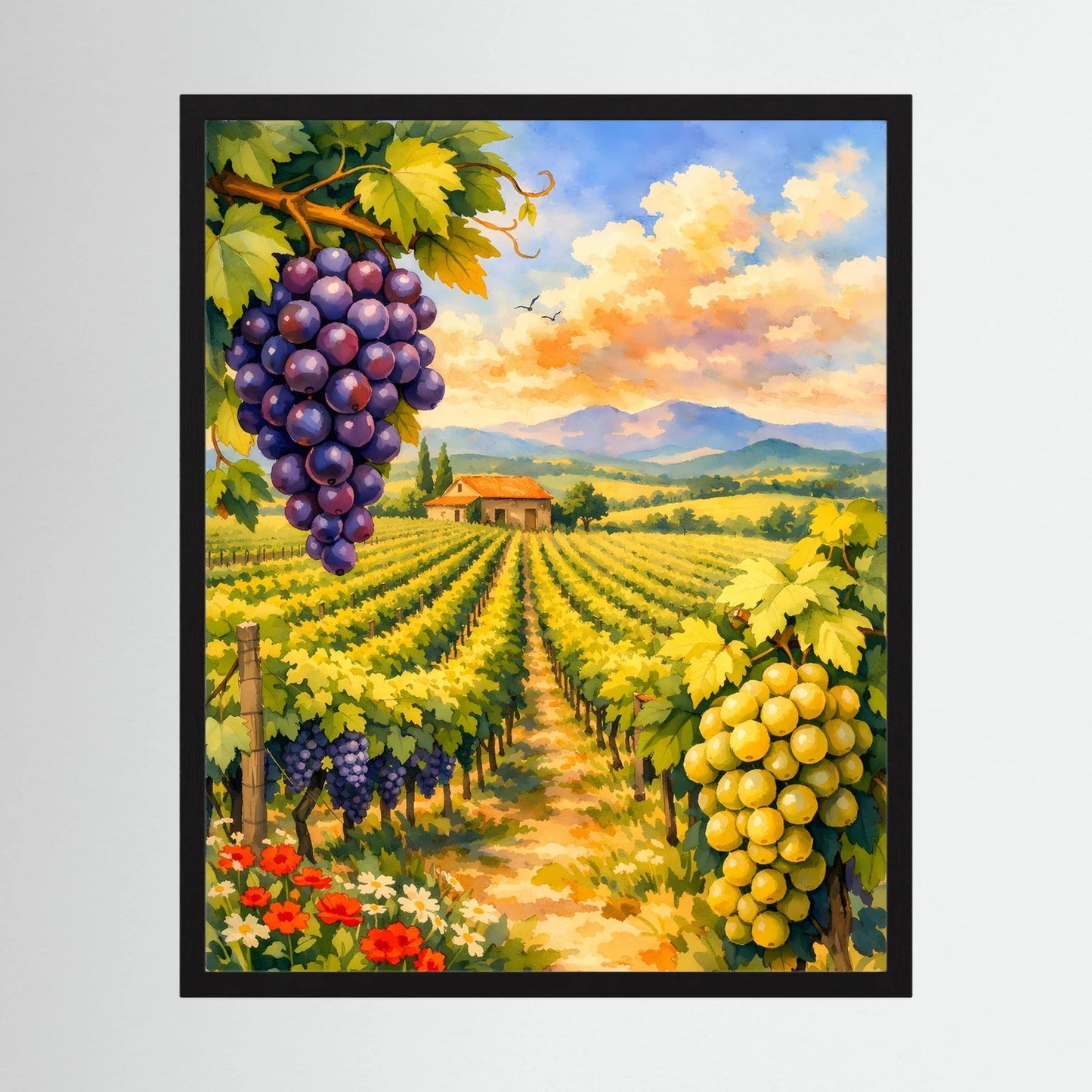 Hochformat-Poster in schwarzer Einfassung mit Weinbergen, violetten und gelben Trauben