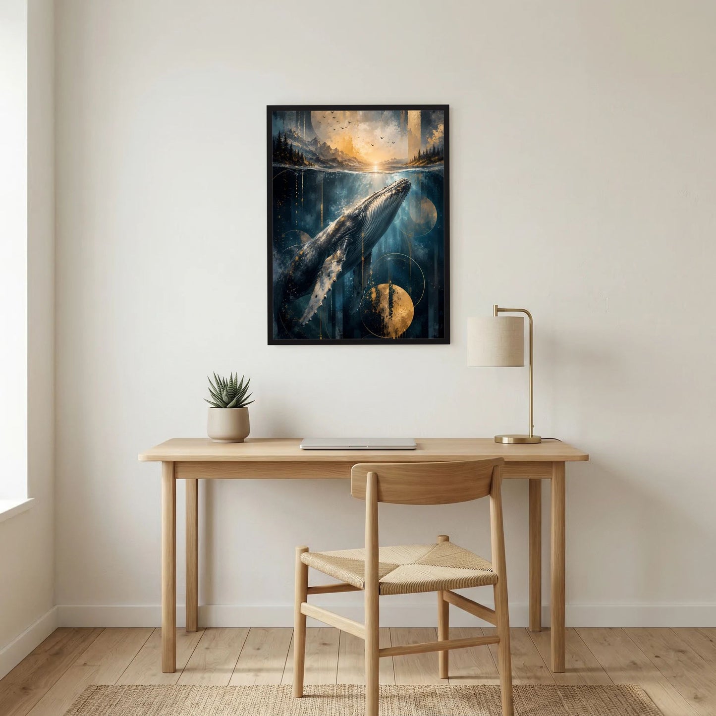 Hochformat-Poster mit schwarzem Rahmen: Wal im Wasser, Blau-Gold-Landschaft