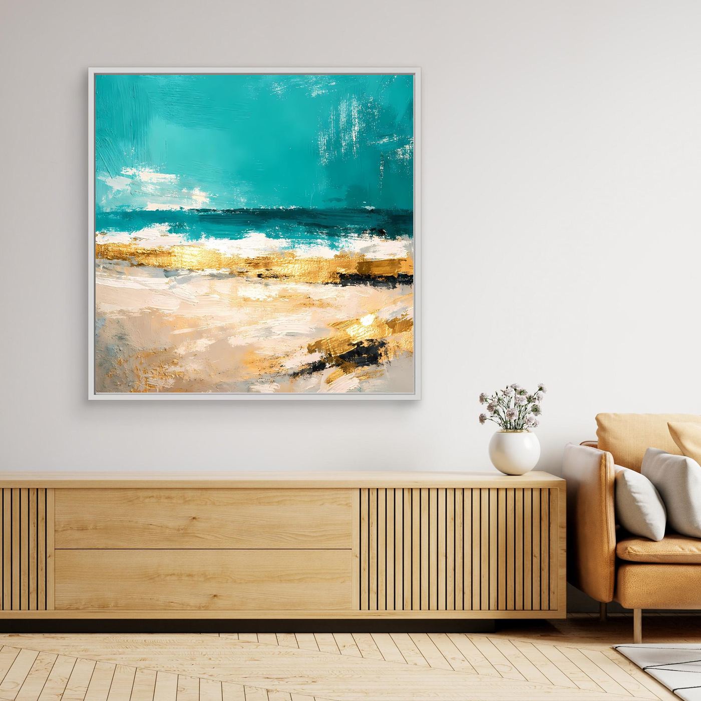 Leinwand Abstraktes Strandgemälde in Türkis und Gold | Modernes Meer Wandbild