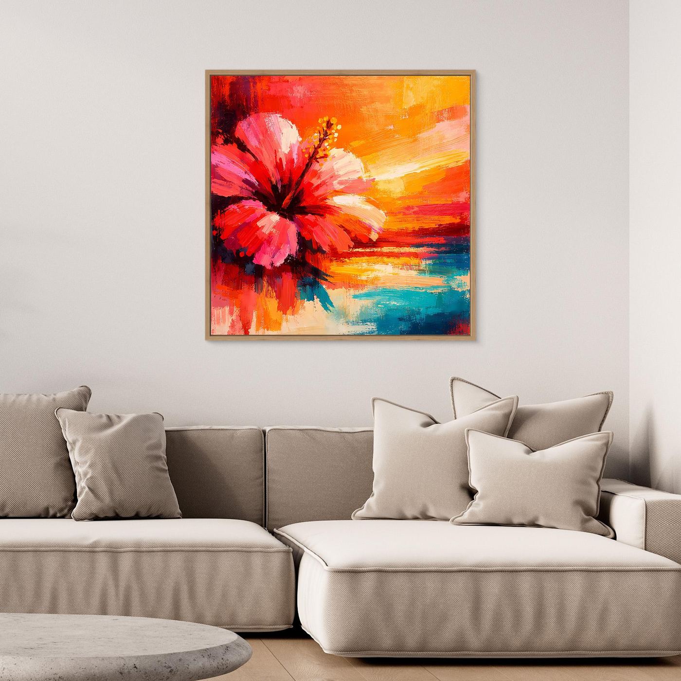 Leinwand Abstraktes Hibiskusblütenbild am Meer | Modernes Küsten Wandbild Bunt