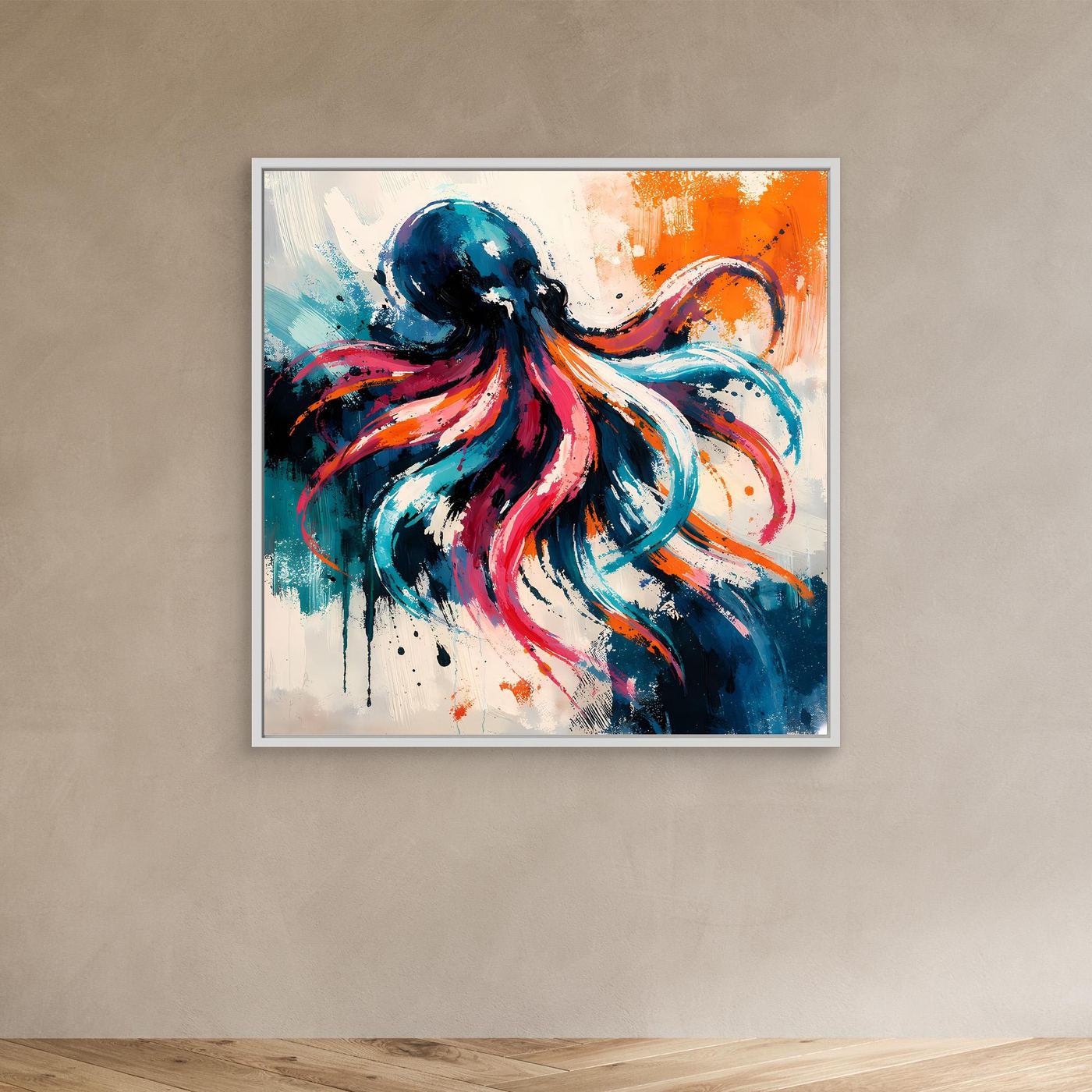 Leinwand Dynamischer Oktopus im Farbenmeer | Abstraktes Krake Wandbild